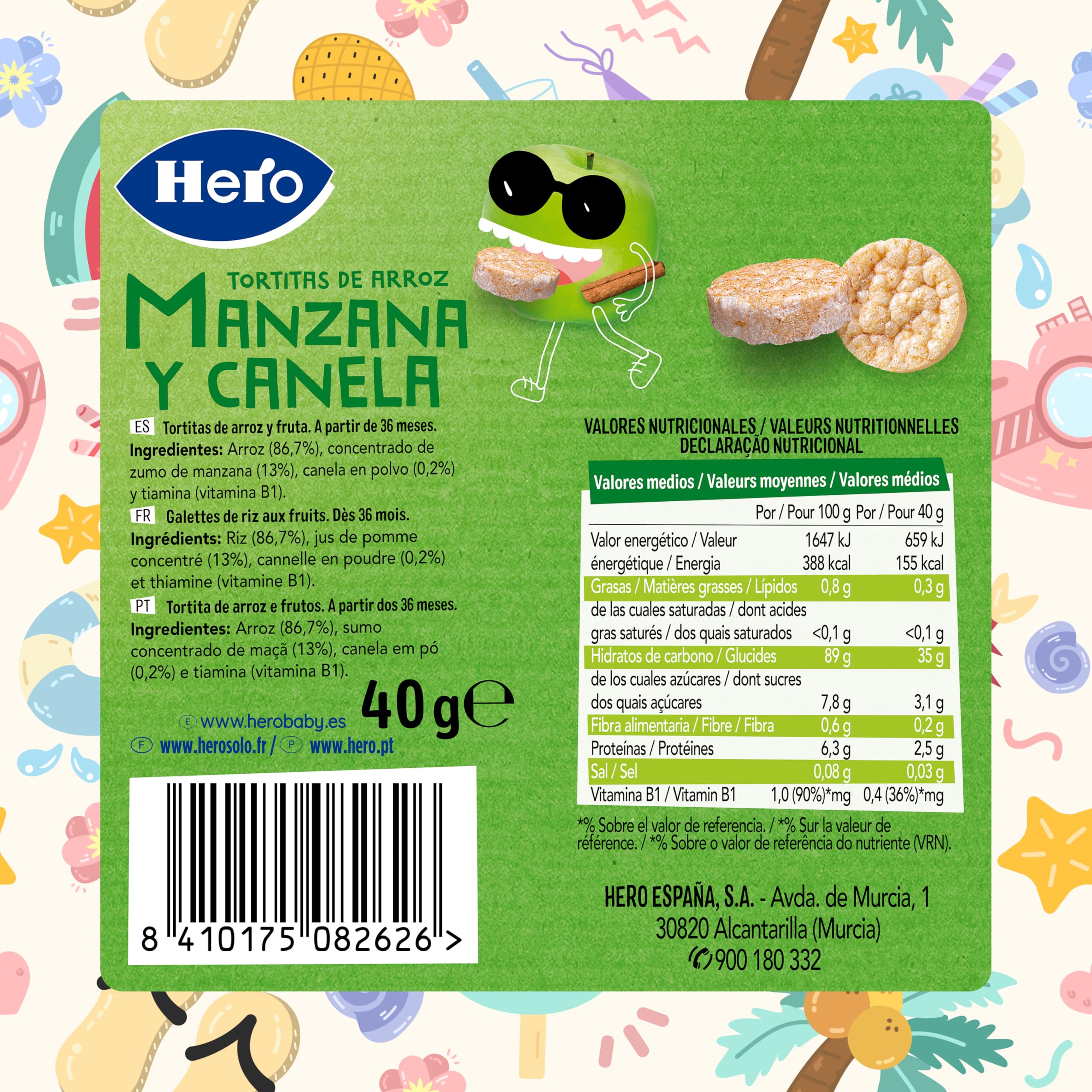 Hero - Tortitas de Arroz, Manzana y Canela, Sin Sal Añadida, Sin Aditivos, Sin Aceite de Palma, Sin Gluten, Snack Infantil Apto para Niños Desde los 36 Meses - Pack de 6 x 40 g