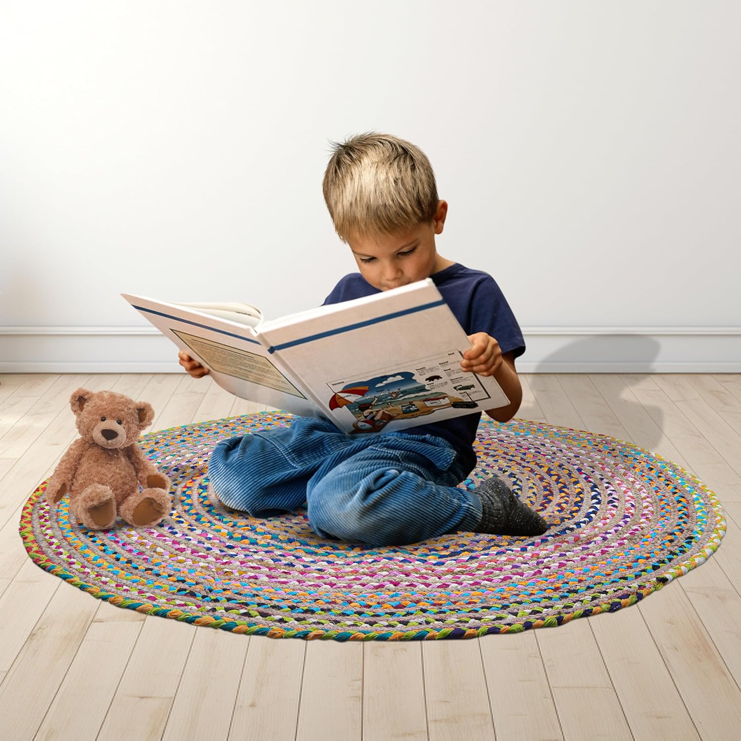 Craft Trade Chindi Jute Rag Rug, Multicolor Round Rug 3 Ft, Reversible Handwoven Floor Carpet for Living Room, Bedroom, Entryway, Boho Area Rug for Home Decor