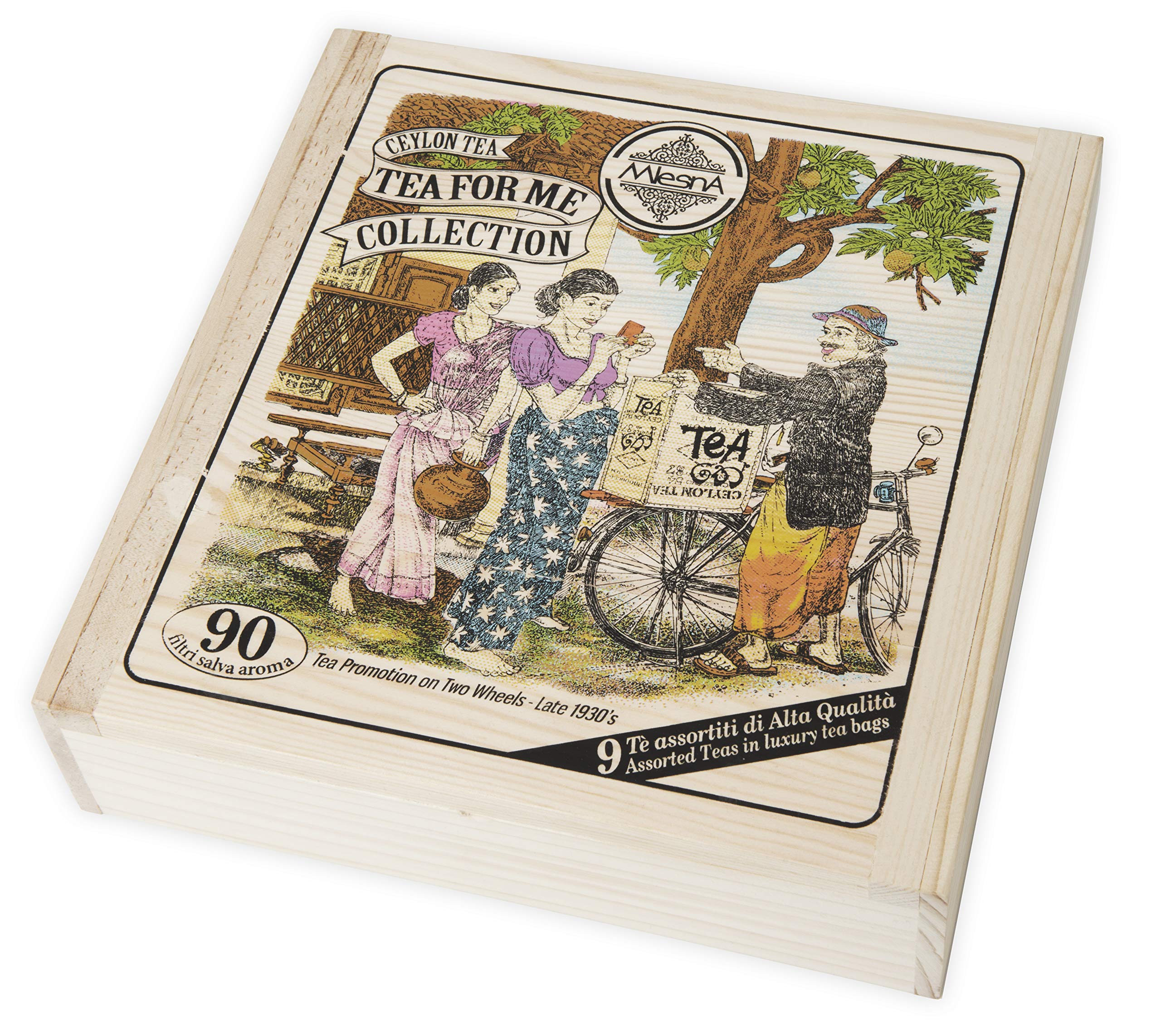 Mlesna Tea for Me Collection, Tè di Ceylon Assortiti, 90 Filtri in Bustine Singole, 9 Varietà, Scatola Regalo in Legno, Tè Puro con Aromi Naturali