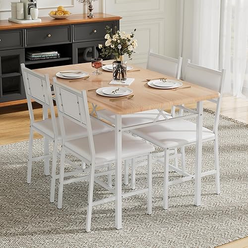 VECELO Dining Table Set for 4 with Chairs, 5-Piece Kitchen Table and Upholstered Padded Chairs Set for Small Space, Dining Room, Apartment, Natural Oak