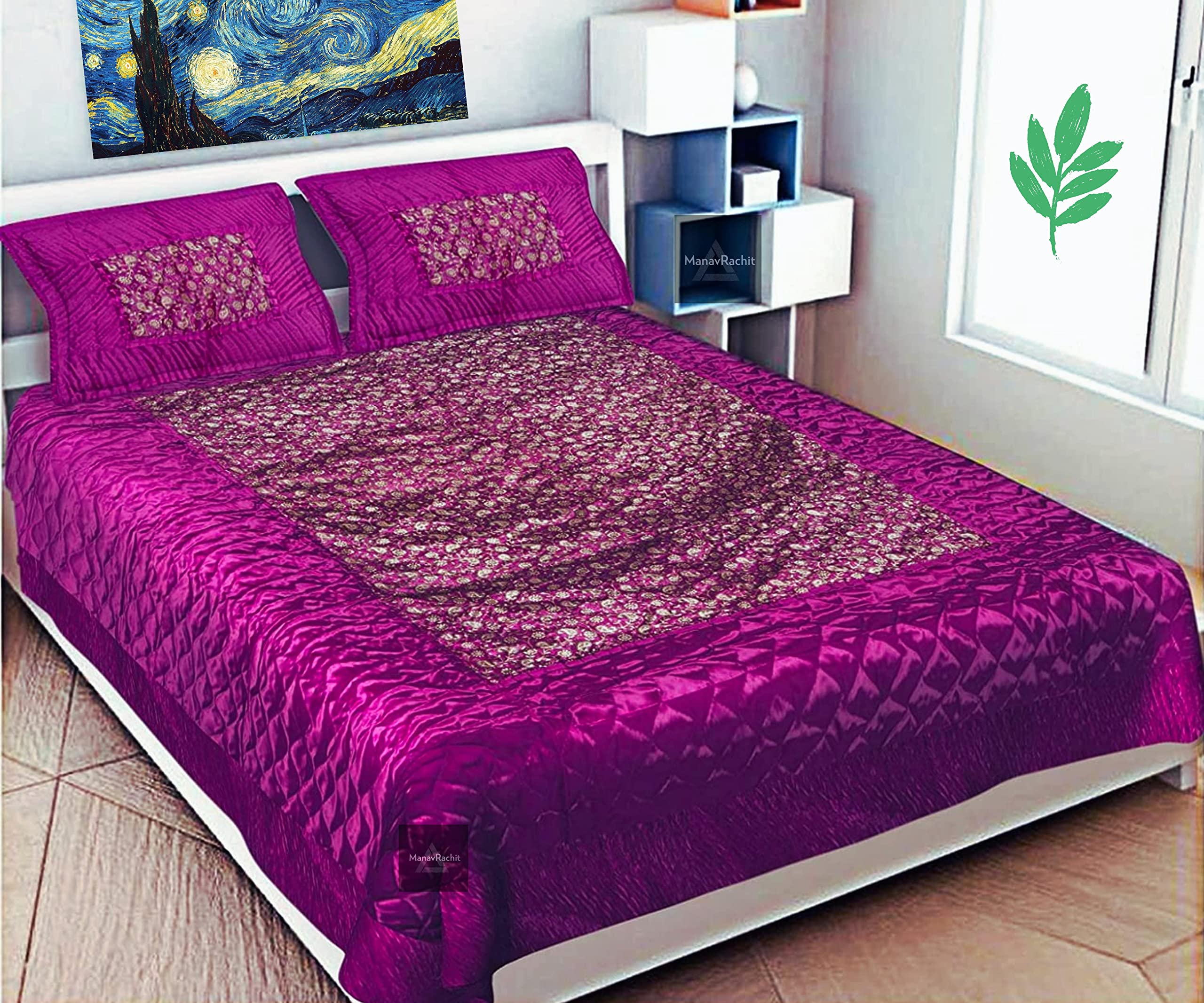 ManavRachit Satin Gold Printed 310 TC Wedding Bedding Set(Bedsheet with 2 Pillow Covers) for Home & Living Room (Falsa/Purple, Set of 3pc)(Jaal Print)