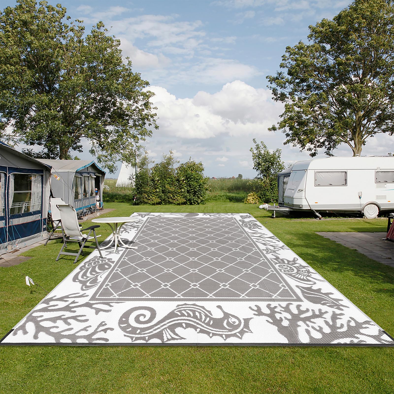 Vaukki Reversible Rugs, Plastic Straw Outdoor Doormat, Fade Resistant Plastic Outdoor Patio Mat, Lightweight Ocean Area Carpet for Patio, RV, Camping, Beach, Deck, Backyard and Picnic (Grey, 9'x12')