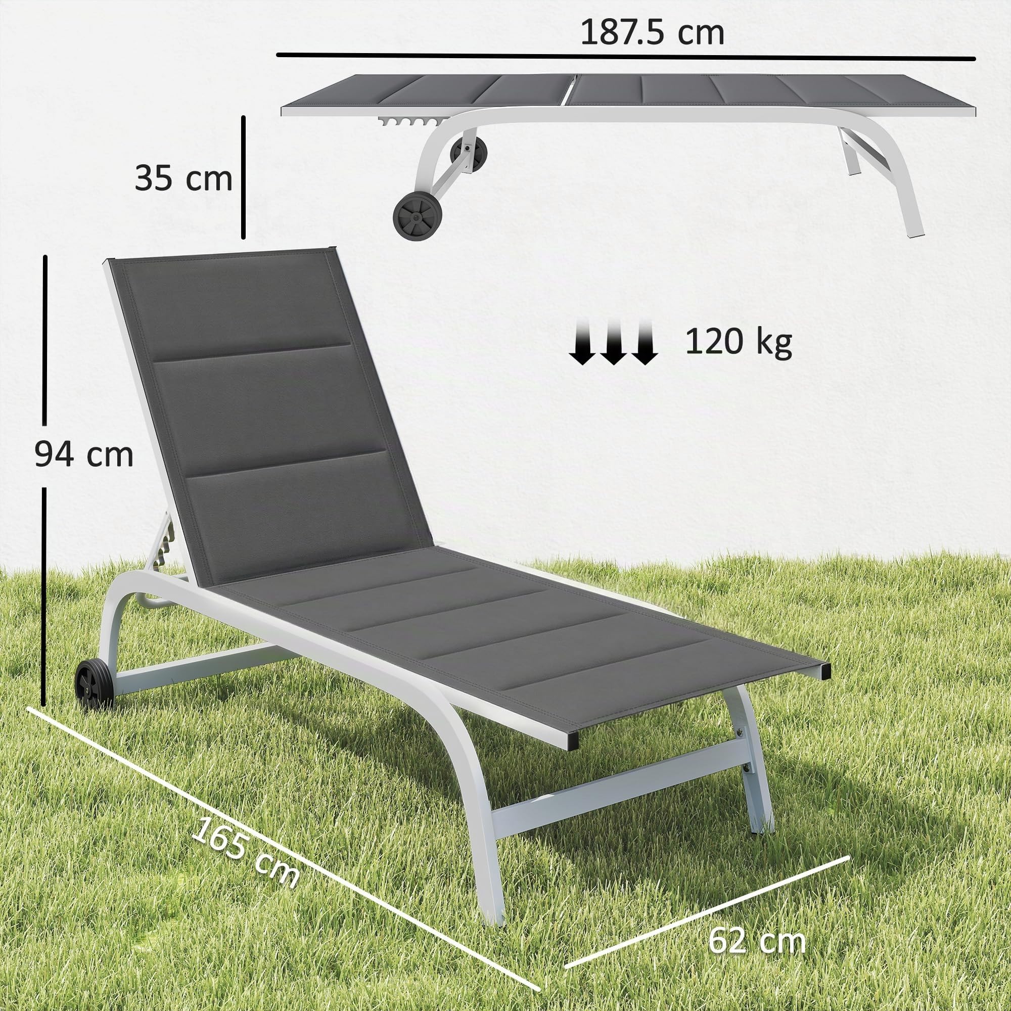 Outsunny Lettino Prendisole da Giardino con Ruote Grigio Scuro e Bianco | Schienale Regolabile 6 Livelli, Sdraio da Giardino in Texteline, Telaio in Alluminio, per Piscina Terrazzo