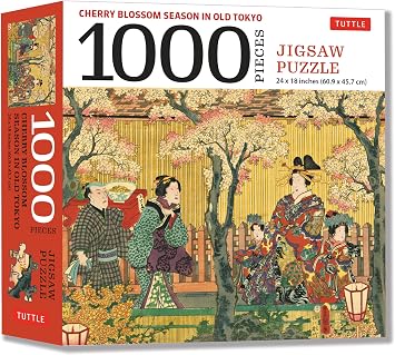 Cherry Blossom Season in Old Tokyo- 1000 Piece Jigsaw Puzzle Woodblock Print by Utagawa Kunisada Finished Size 24 in X 18 in