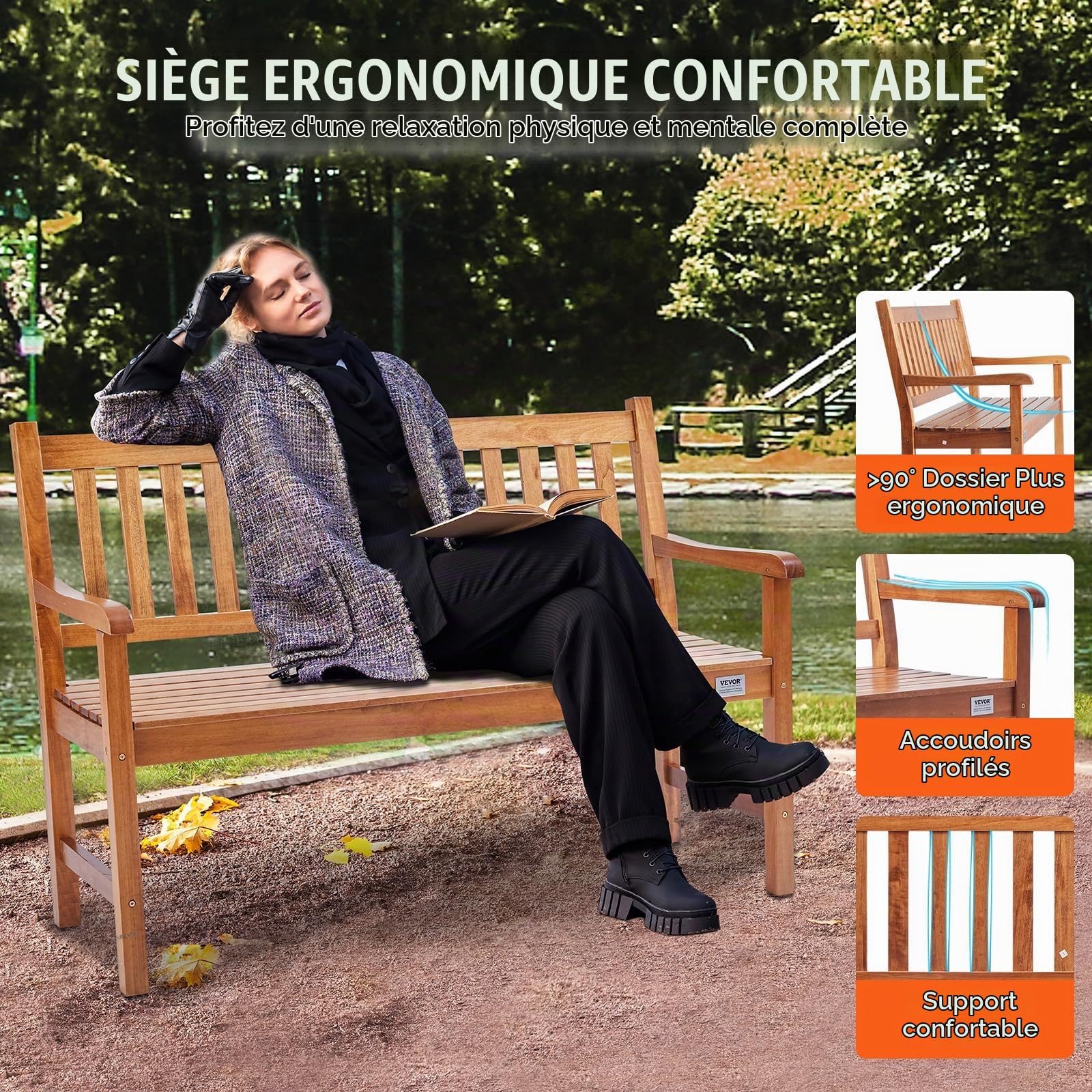 VEVOR Banc d'extérieur, 127 cm, Banquette de Jardin en Bois pour l'extérieur, jusqu'à 363 kg de Charge, Banc de Jardin extérieur avec Dossier et accoudoirs, Banc de terrasse pour Jardin, Parc, Cour