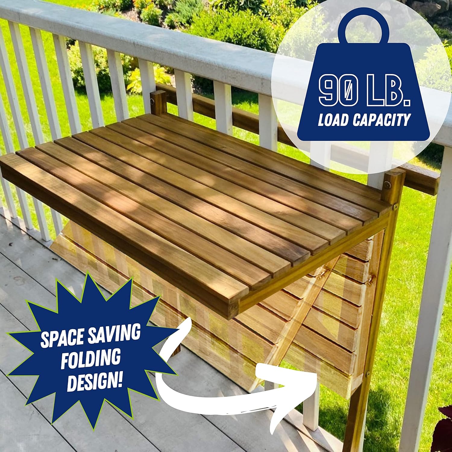 Patio Wise Outdoor Folding Balcony Table, Foldable Acacia Wood Deck Bar, Portable Apartment, Balcony, Railing, & Porch Furniture, 27-Inches W x 15 3/4-Inches D x 31.97-Inches H, Teak