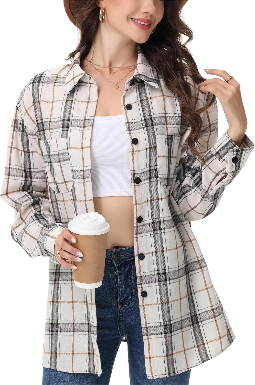 EasyFair Womens Button Down Plaid Shirts Oversized Long Sleeve Collared Casual Blouse Top
