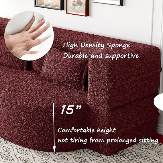 Boucle Couch Bed with Pillows, Convertible Loveseat and Floor Sleeper Sofa for Living Room Bedroom, Folding Design Curved Shape Seat (Burgundy)