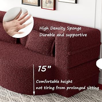Boucle Couch Bed with Pillows, Convertible Loveseat and Floor Sleeper Sofa for Living Room Bedroom, Folding Design Curved Shape Seat (Burgundy)