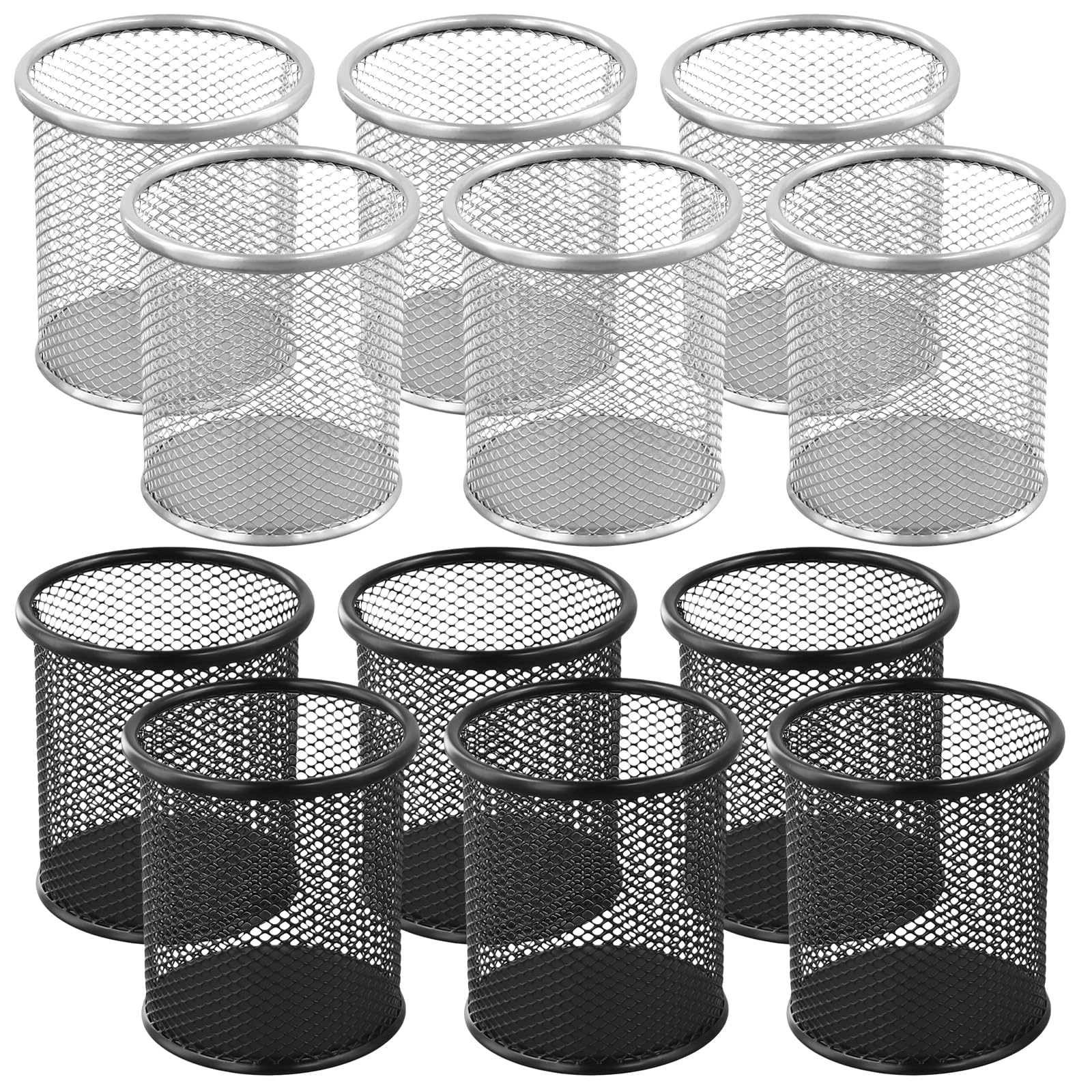 FUNSUEI 12 Pack Round Metal Mesh Pen Holder, Pencil Pot Desk Organiser for Office and Home, Black &Silver
