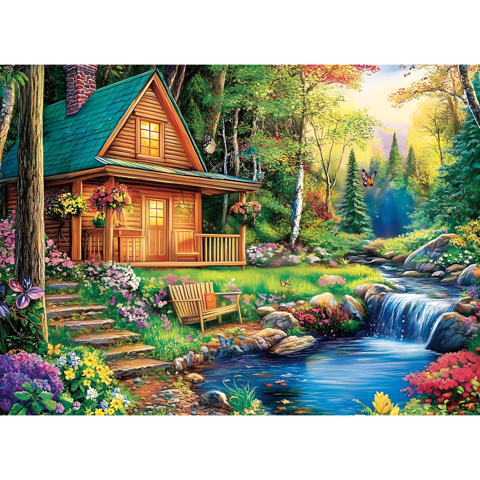 500 Pieces Jigsaw Puzzles for Adults, Forest Cabin Puzzle for Adults Seniors, River Flowers Puzzle 500 Pieces, Gift for Birthday, Home Decor, Fun for