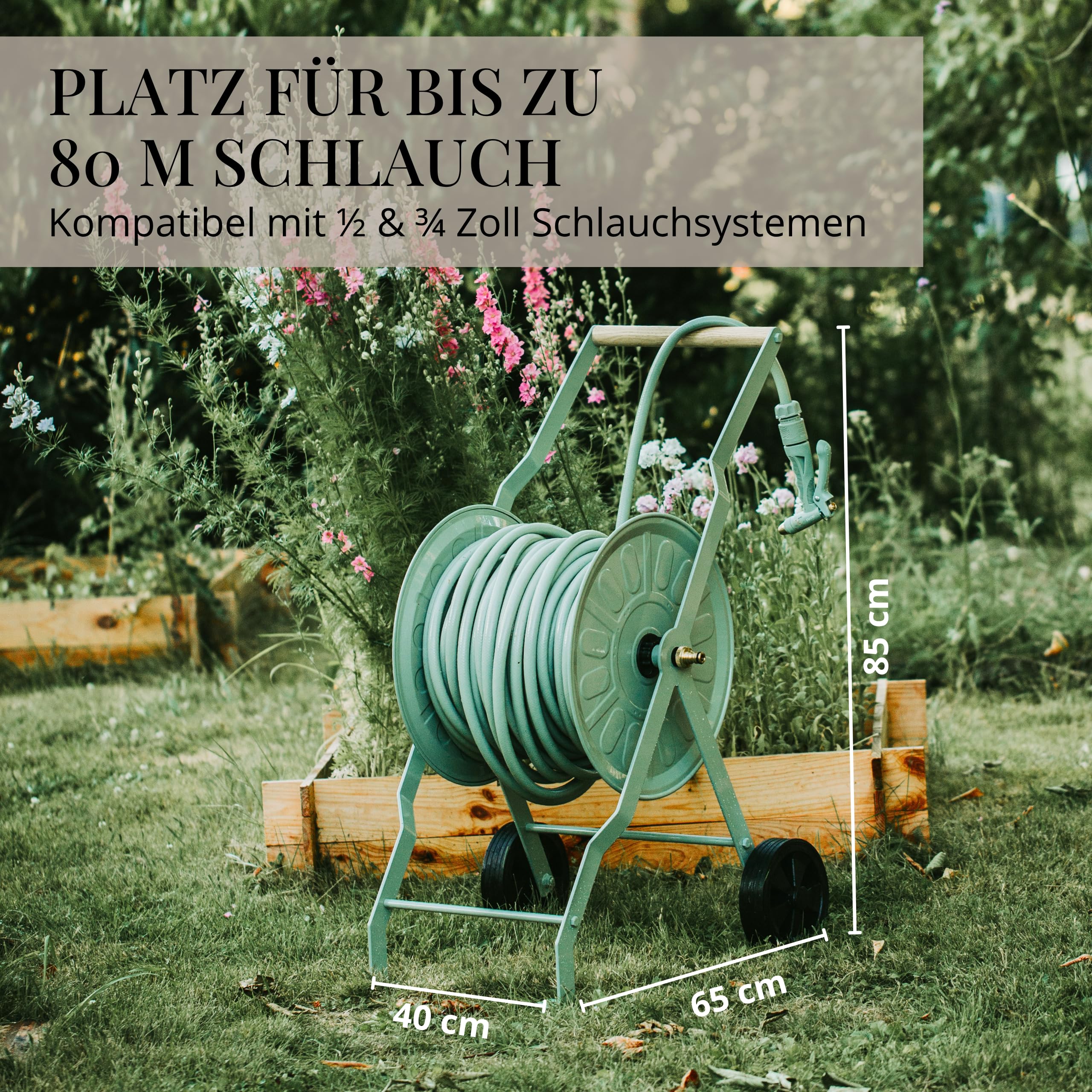 LIVLIG Schlauchwagen Metall, Premium Wagen mit Pulverbeschichtung Made in Italy, Schlauchwagen bis 80m Gartenschlauch, Gartenschlauch Trommel in Grün