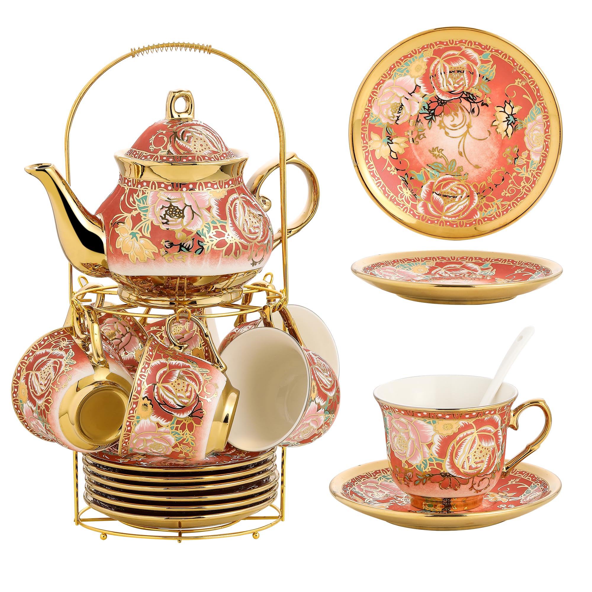 20 Pieces Porcelain Tea Set With Metal Holder, European Ceramic tea set for adults,Flower Tea Set,Tea Set For Women With Flower Painting