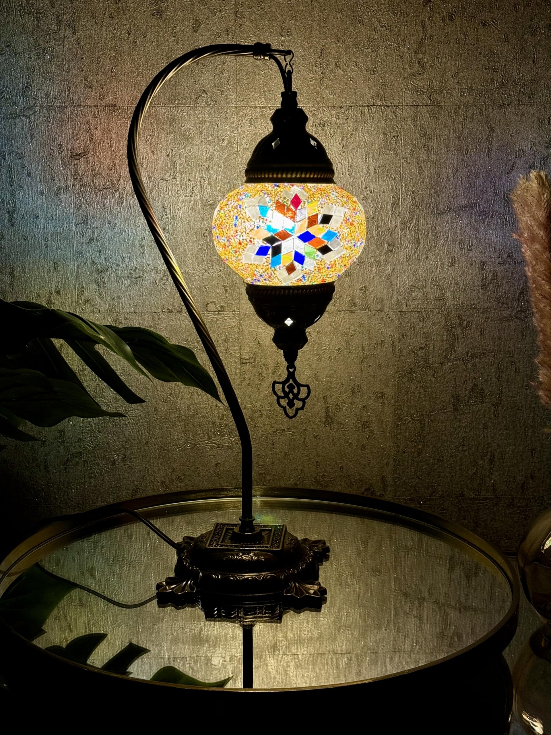 Lightza Handmade Turkish Moroccan Mosaic Desk Lamp LED Bulb | Swan Neck Unique Globe Lampshade Table Light | UK Tested Safe Energy Efficient (Golden Star) โ image 1