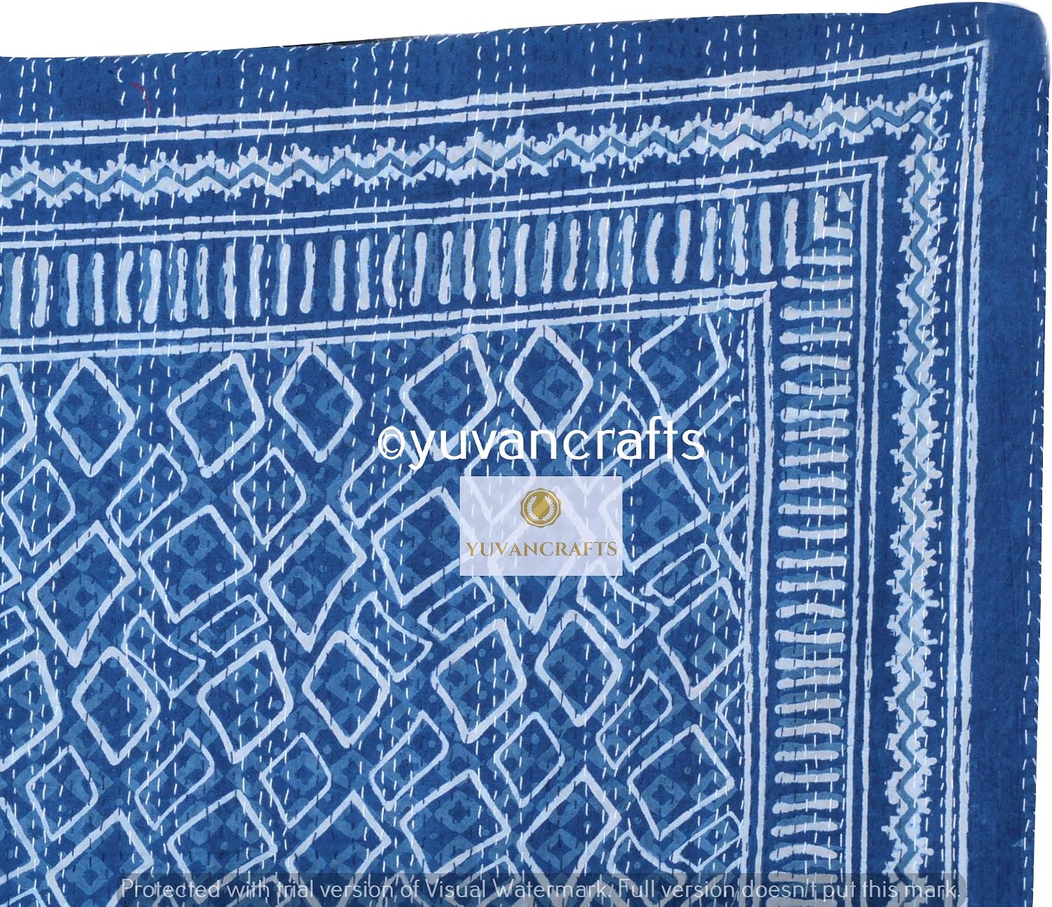 YUVANCRAFTS Indian Cotton Handmade Kantha Quilt Floral Screen Print Twin Quilt Blanket Bedspreads Throw (Blue 1)
