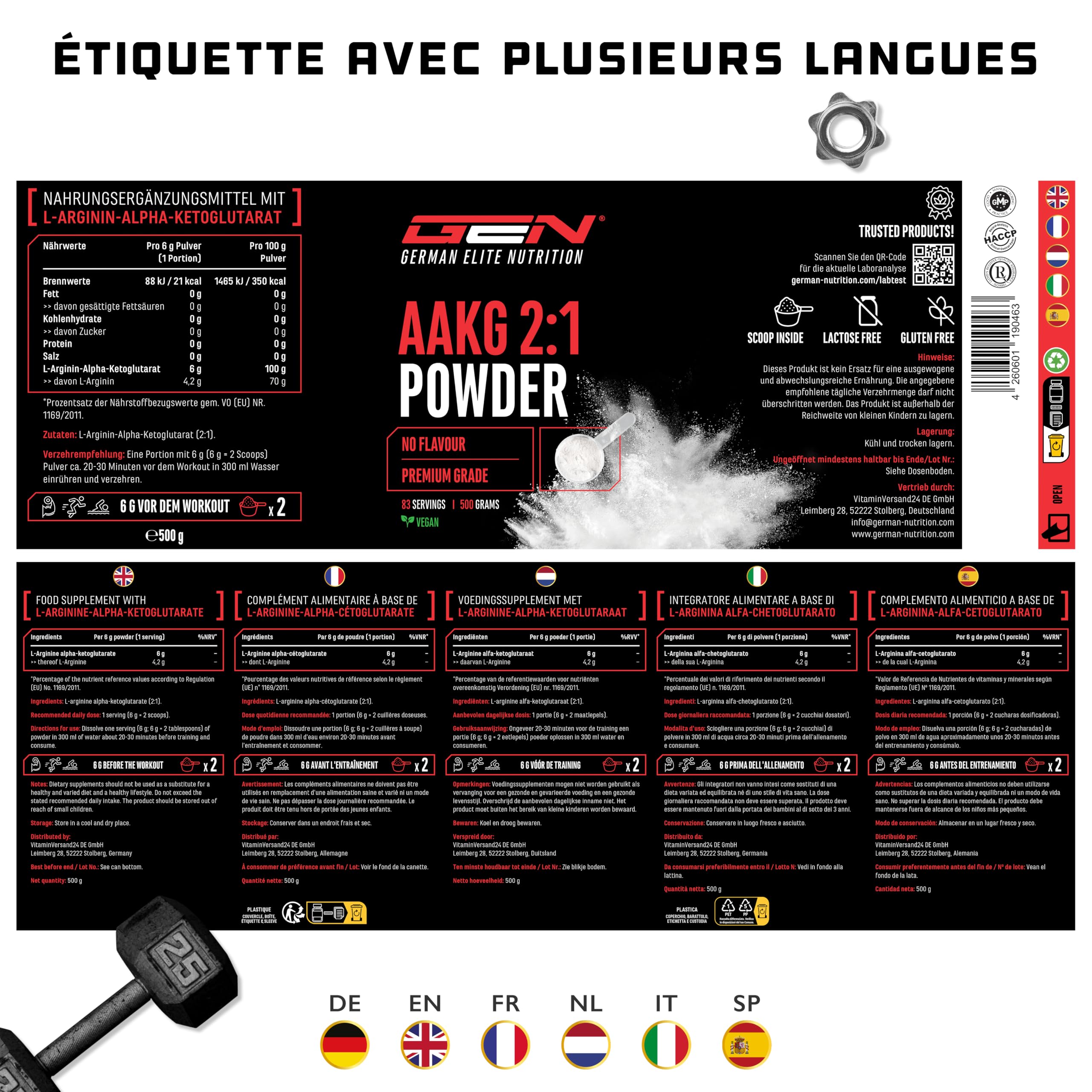 AAKG - 500 g - L-Arginine Alpha-Cétoglutarate (2:1) - Solubilité Optimale - Végan - Poudre Pure sans Additifs - Acide Aminé d’Arginine Premium - German Elite Nutrition