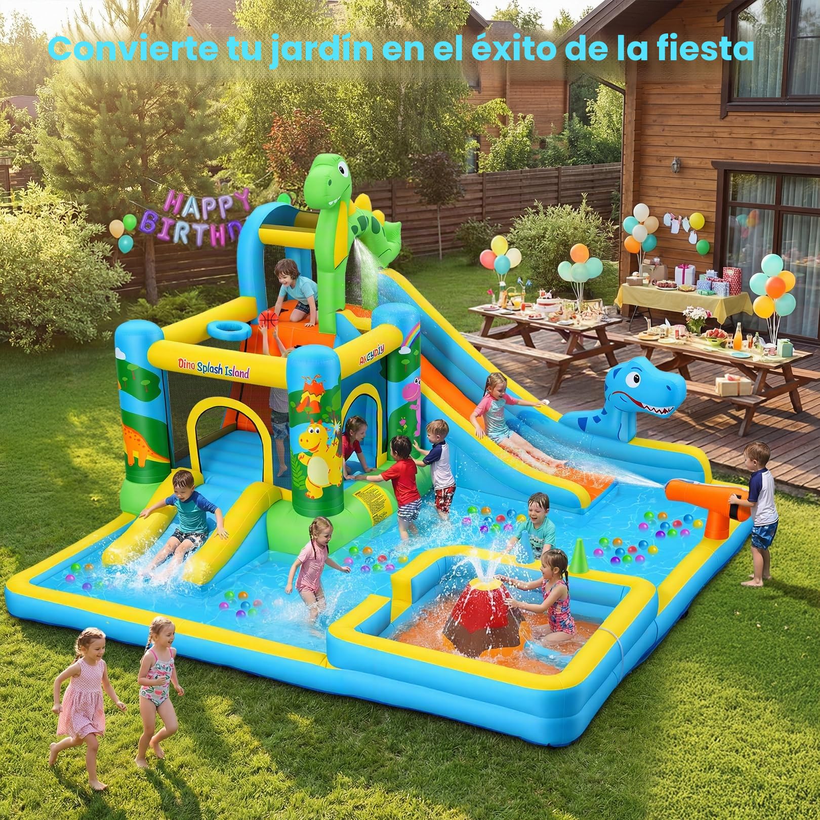 Tobogán acuático Inflable Castillo Hinchable con soplador para niños de 3 años + años, tobogán seco/acuático, Dinosaurios con 2 toboganes, Piscina Infantil y Piscina, Canasta de Baloncesto, cañón de