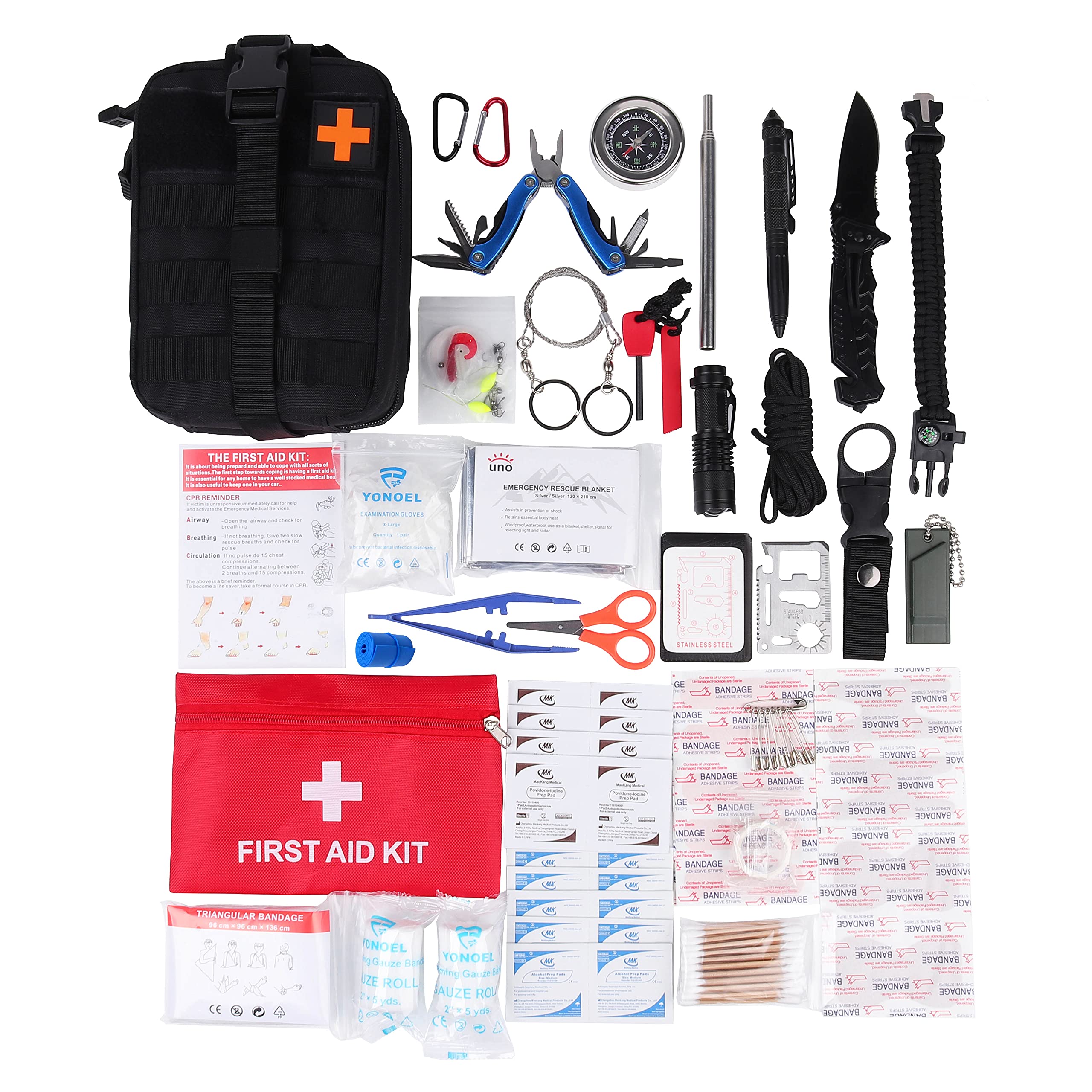 STRAIN IK Mart - Survival First, 200 Pcs Emergency Survival Gear First Aid Kit Outdoor Survival Gear, Emergency Kits with Black Trauma Bag for Camping Boat Hunting Hiking & Adventures, for Men