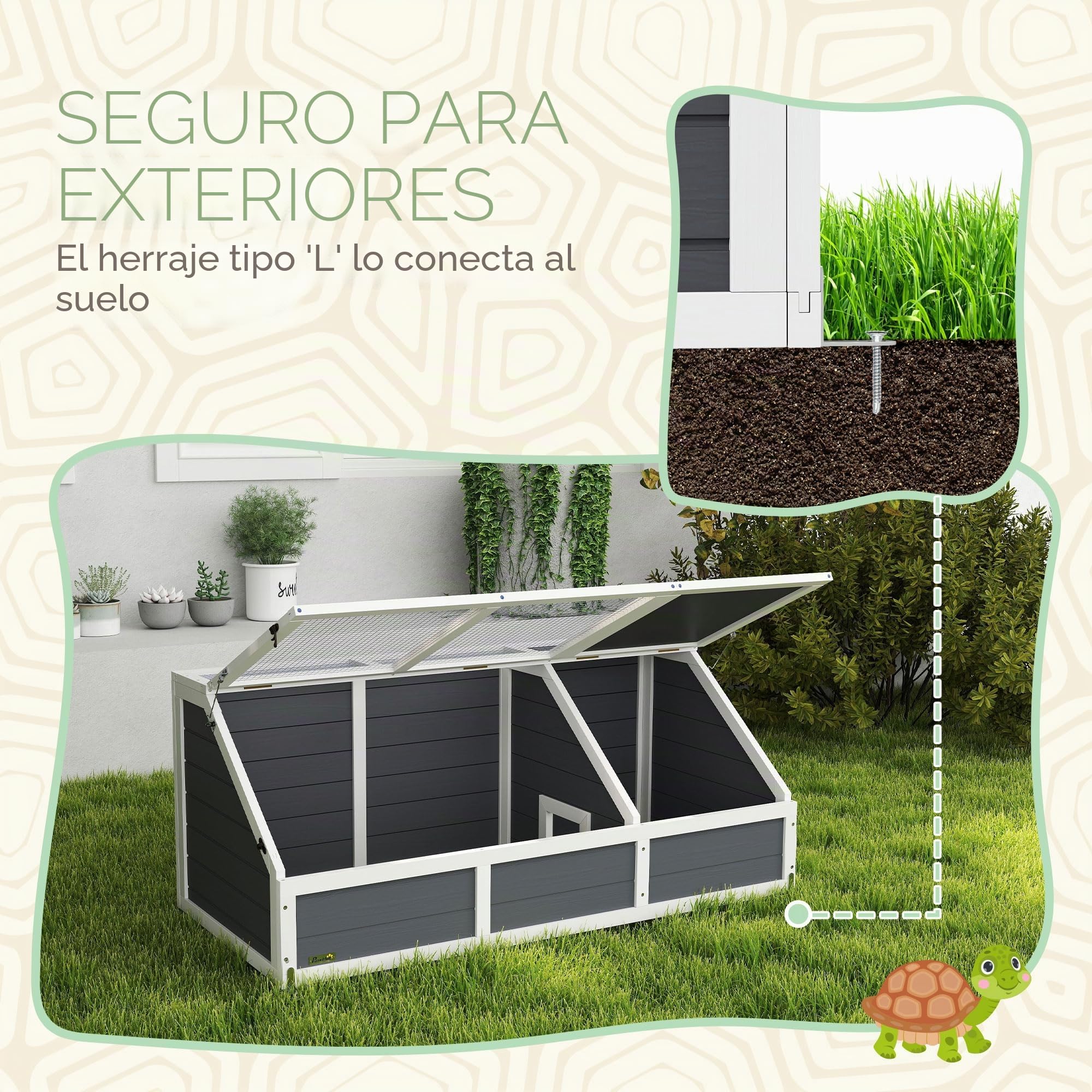 PawHut Casa para tortugas terrapín sin suelo con panel de apertura y 2 espacios separados, Casa para tortugas de abeto y acero galvanizado, 120x55x50A cm, gris claro y blanco | Sin pavimentación, panel abatible, 2 espacios separados, casa terrario tortuga