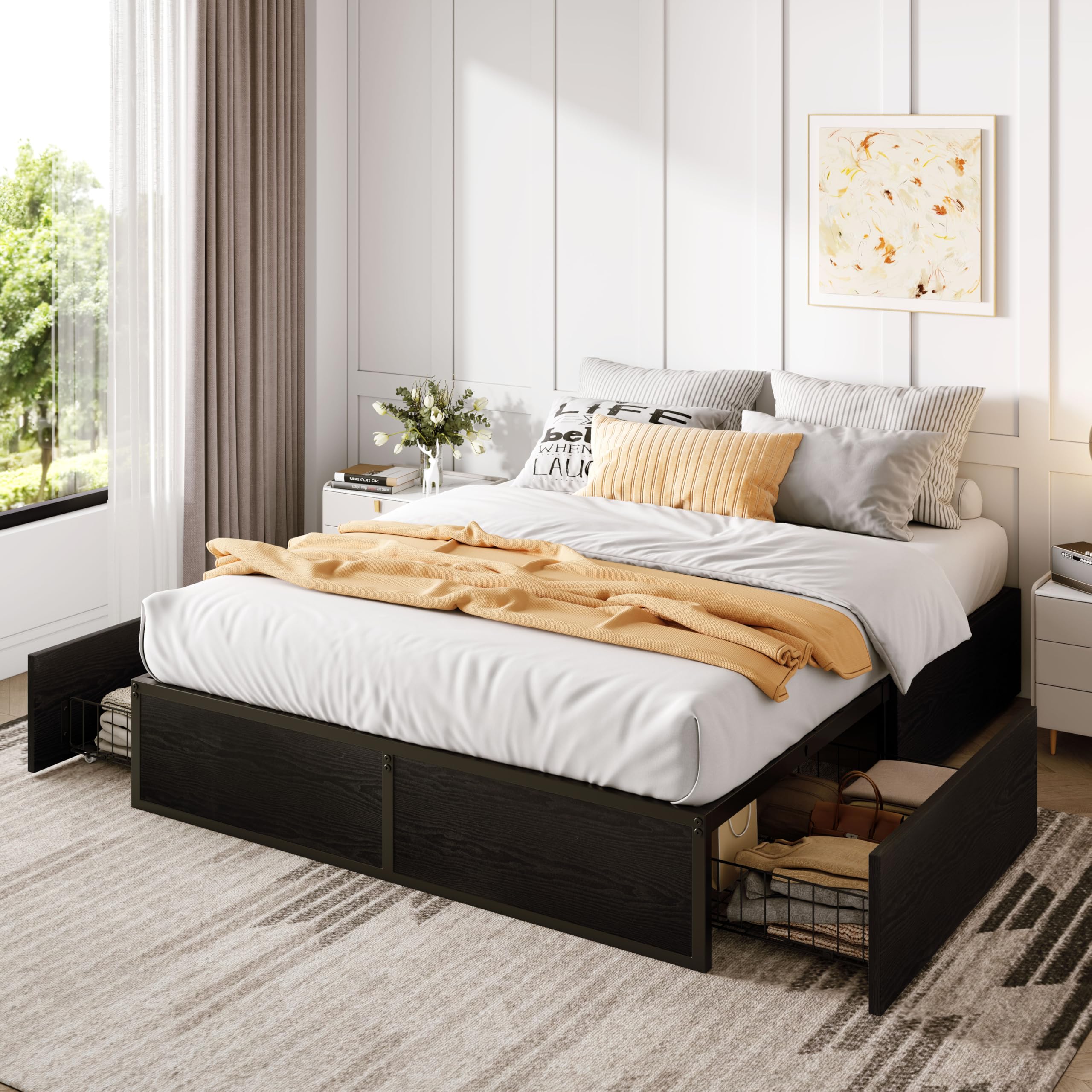 sha cerlin queen platform bed frame with 2 large storage drawers - heavy duty metal & rustic wood, noise-free, no box spring needed, black (box3/3 only)