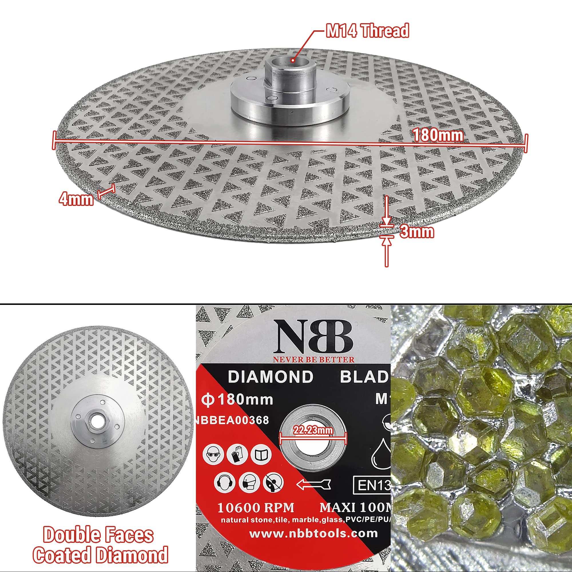 NBB Galwanizowana diamentowa tarcza tnąca diamentowa dwustronna diamentowa tarcza tnąca 2 w 1 profesjonalna do cięcia marmuru granitu ceramiczne połączenie z gwintem M14 (2, 180 mm/7")