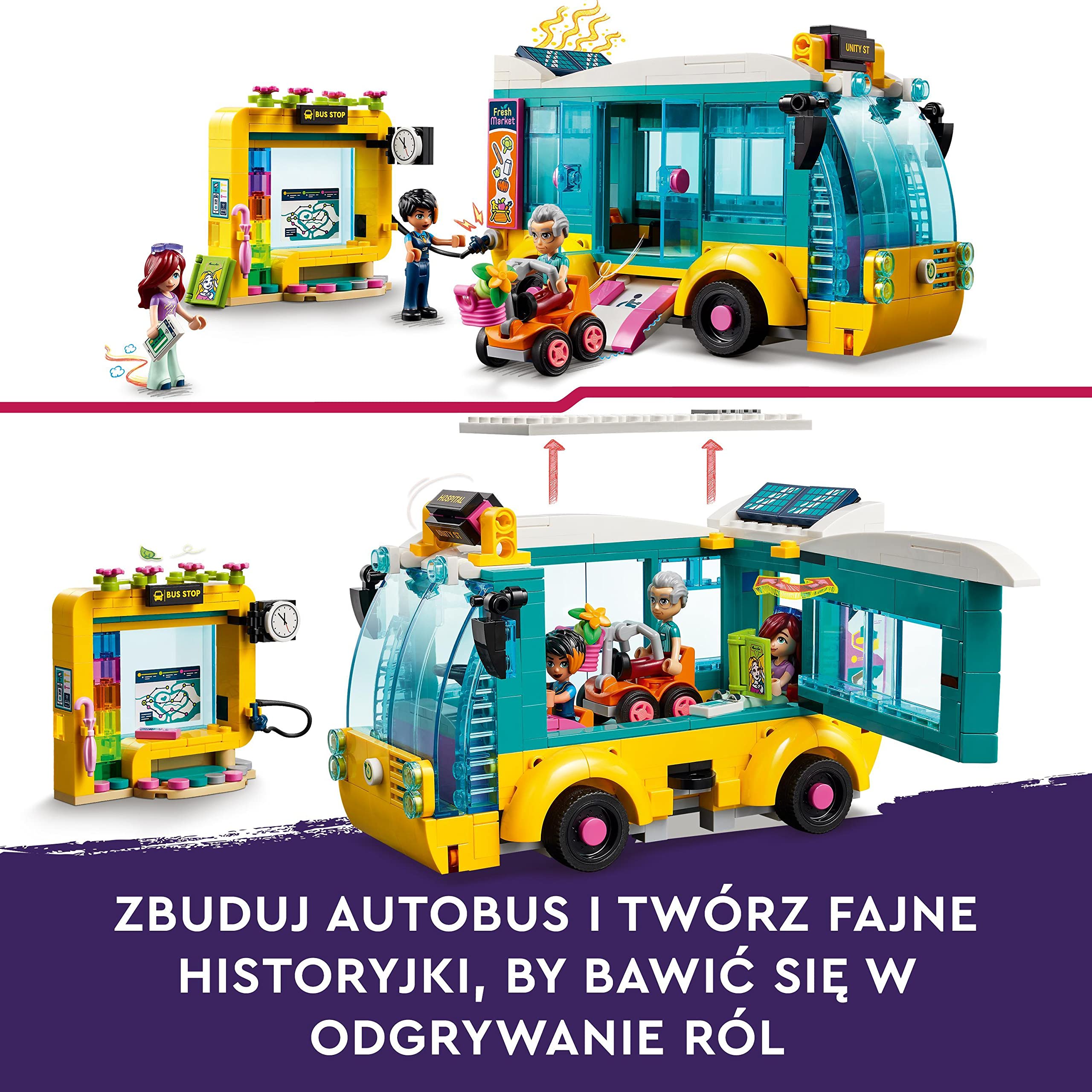 LEGO Friends Autobus miejski z Heartlake, Pojazd z Klocków z Minilaleczką Paisley, Zabawka dla 7-latka, Pomysł na Prezent dla Dziewczynki i dla Chłopca, 41759