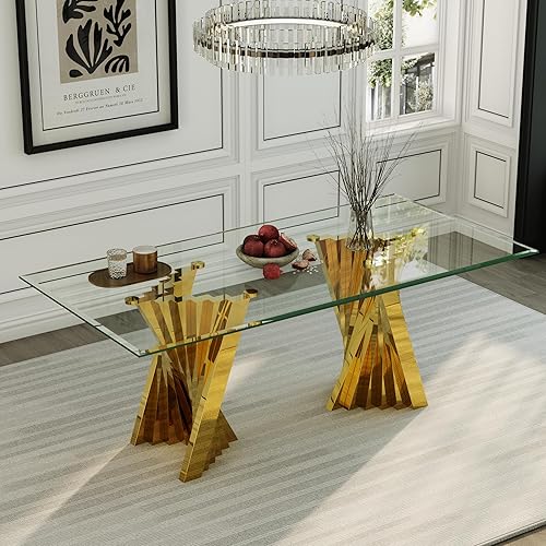 Mesa de comedor rectangular de vidrio de 78 pulgadas para 4-8 pulgadas, mesa de comedor y cocina de lujo con parte superior de vidrio templado