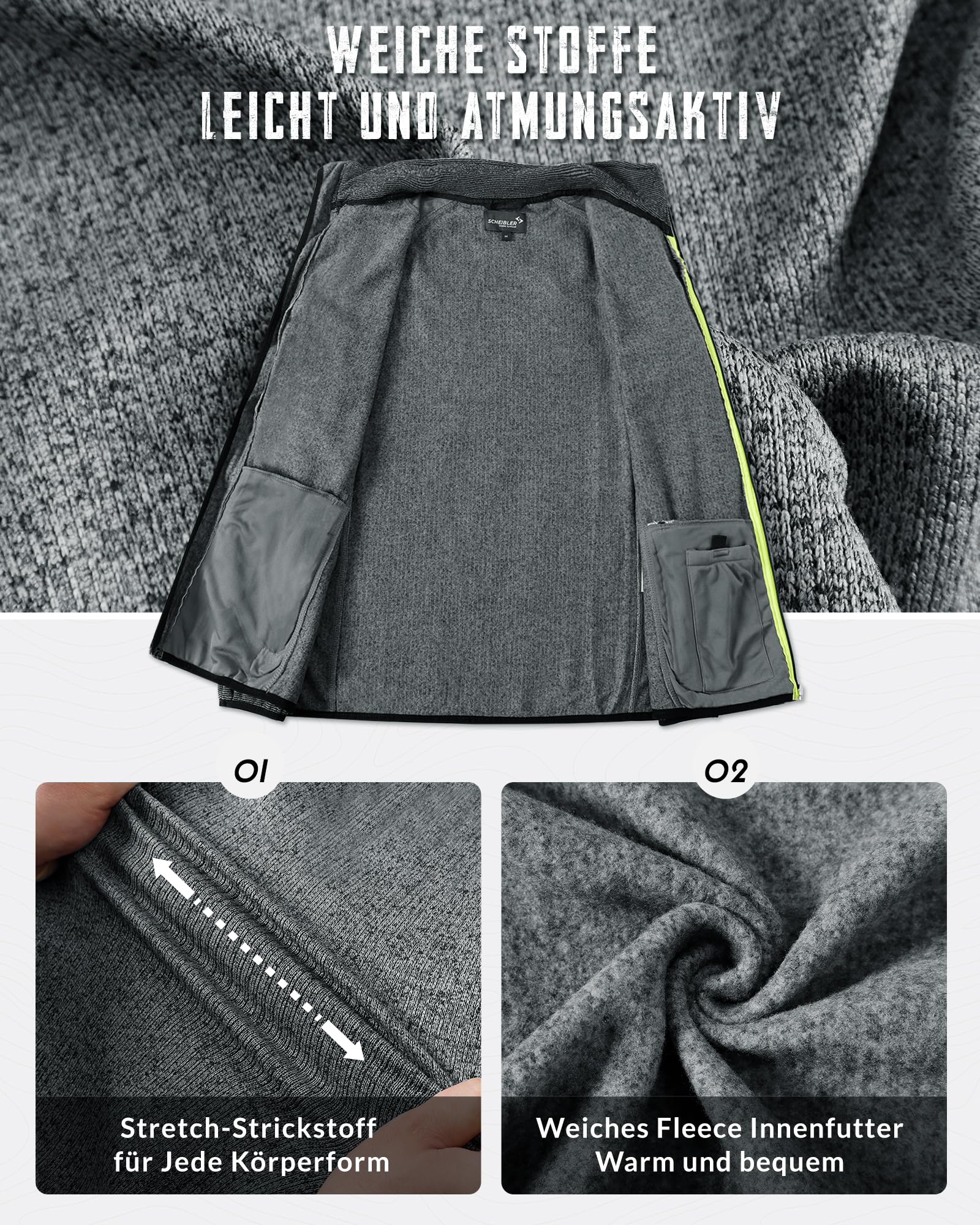 Scheibler Herren Leichte Fleecejacke Stehkragen Arbeitsjacke Männer Warm Übergangsjacke Sportjacke Outdoor Sweatjacke für Wandern Laufen Freizeit
