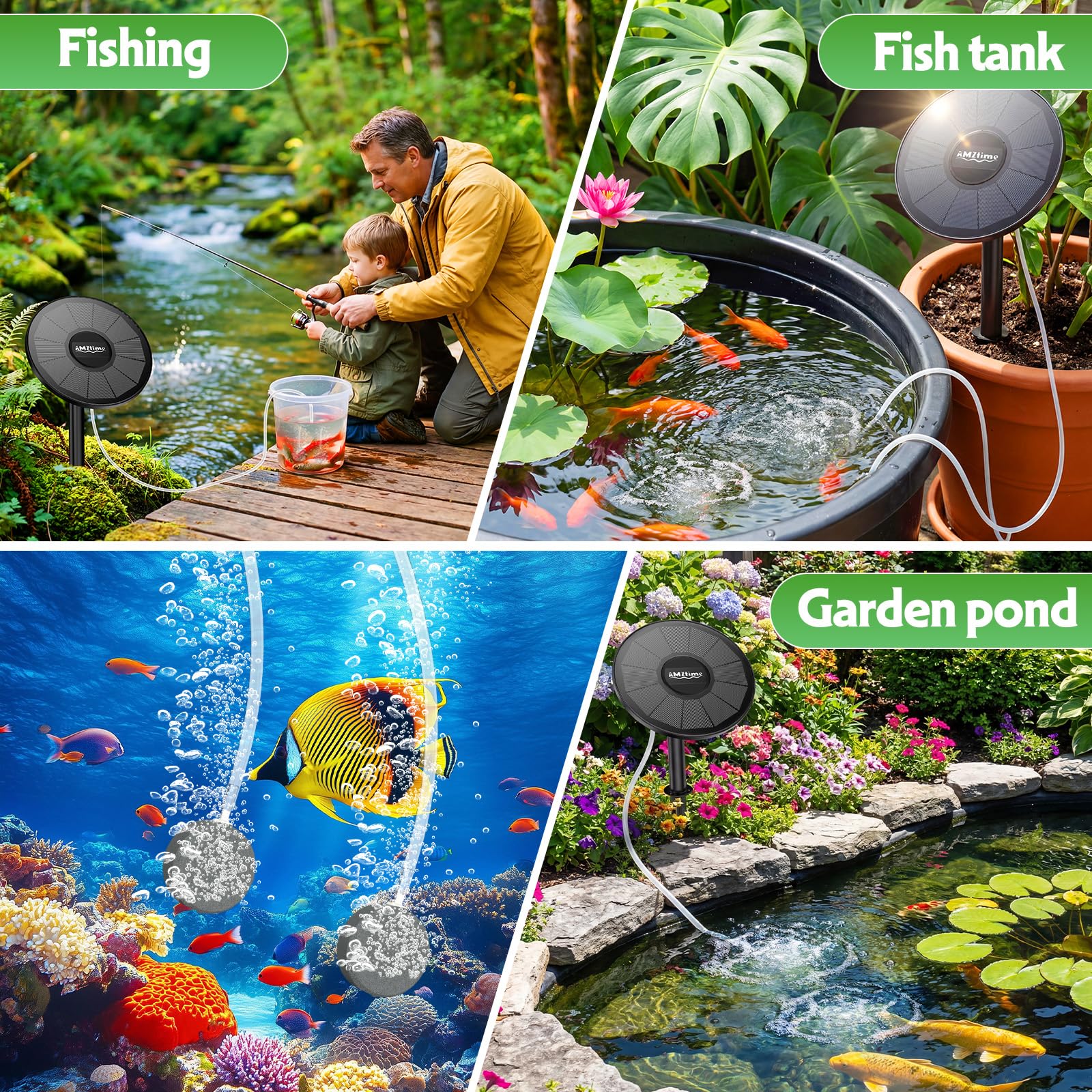 AMZtime Aireador solar de oxígeno, bomba de aire solar de estanque de 3 W con 2 modos de burbuja para acuario, pecera, estanque pequeño al aire libre, hidroponía