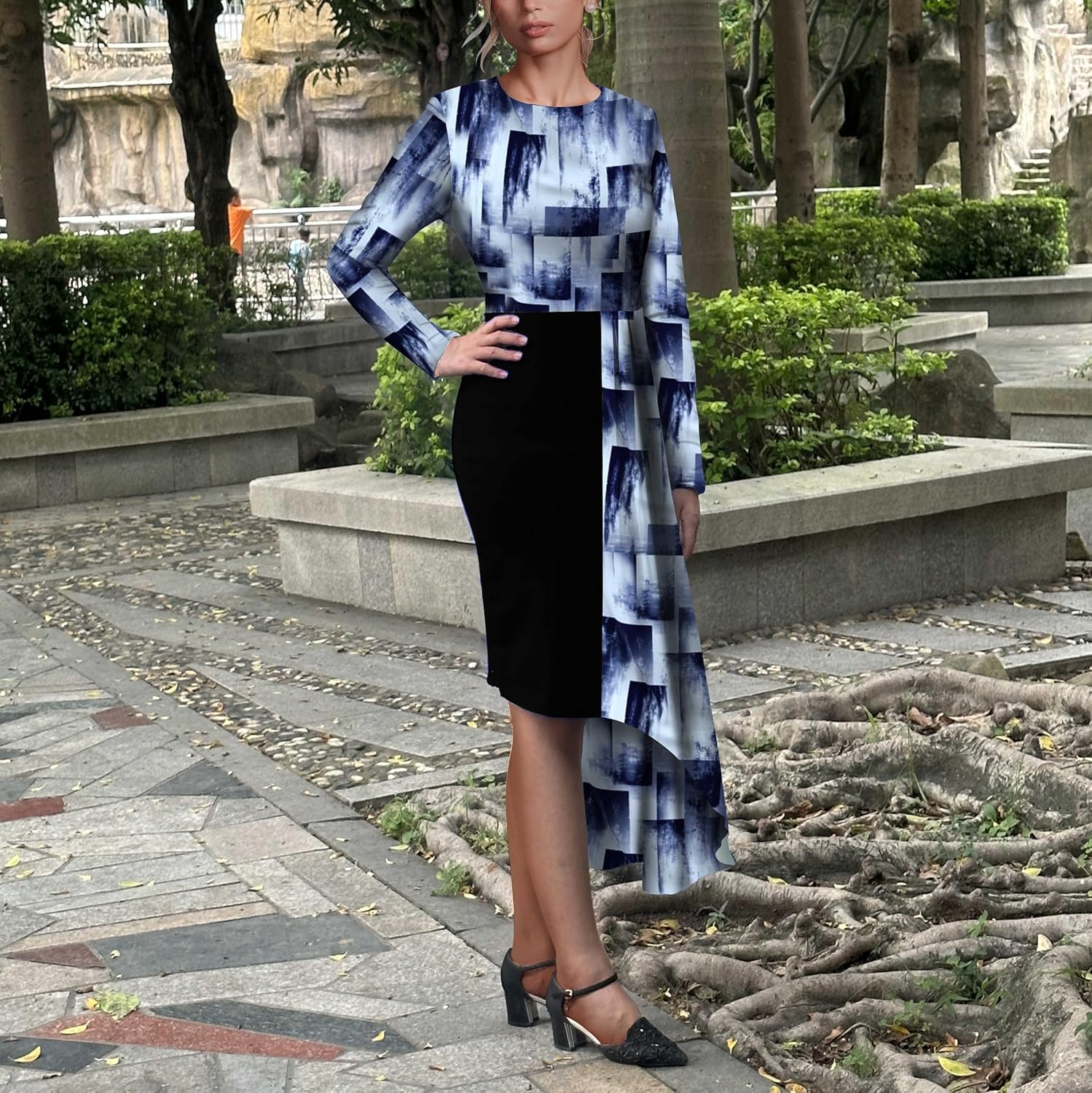 Women's Cocktail Party Dress Long Sleeve Floral Vintage Fit Flare Asymmetrical Flowy Midi Dresses - Image 3