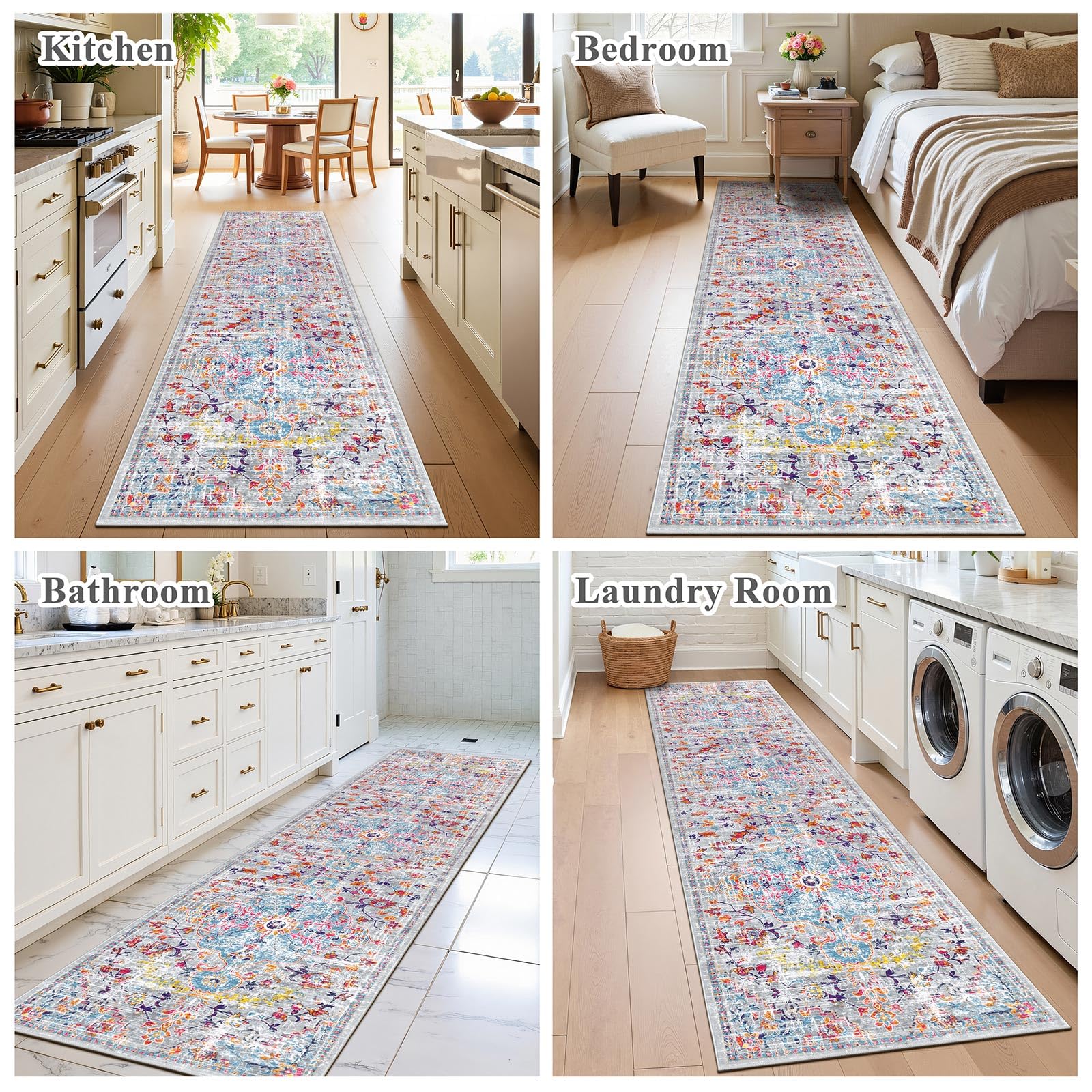 SHACOS Teppich Läufer 80x300 cm Weicher Läufer Flur Waschbar Boho Teppichläufer rutschfest Flur Teppich für Wohnzimmer, Schlafzimmer, Küche, Bunt