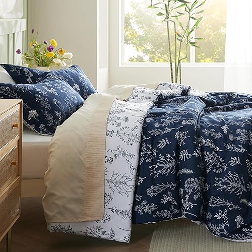 Vista 103 de Bedsure - Funda de edredón tamaño Queen, reversible con cierre de cremallera, juego de ropa de cama blanco, 3 piezas con 8 lazos en las esquinas y 2