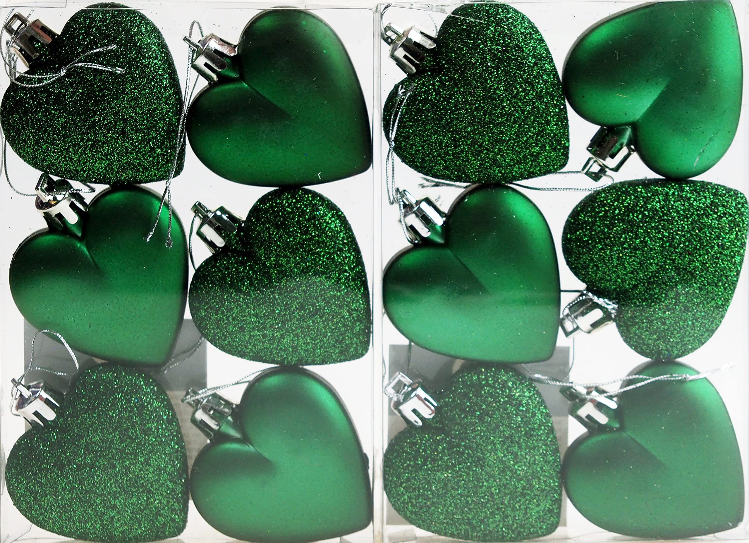 BWG Set Of 12 x Love Heart Christmas Tree Baubles - Deep Emerald Green