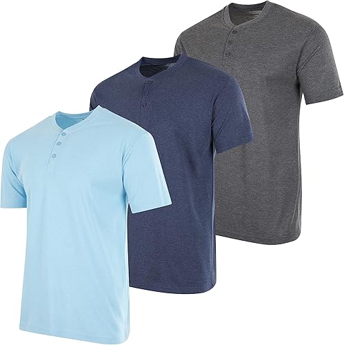 Real Essentials Paquete de 3 camiseta Henley de manga corta y larga de algodón para hombre, ropa deportiva de alto rendimiento (disponible en tallas