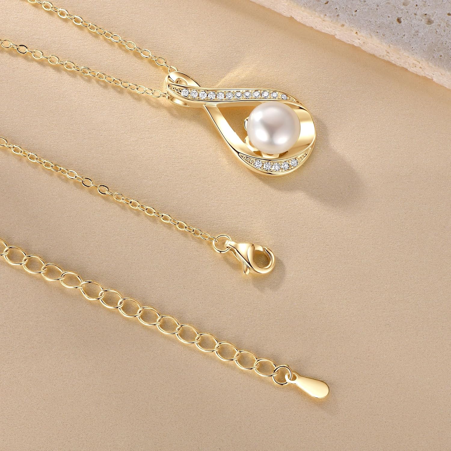 Infinity Pearl Necklace for Women, 14K Gold Plated Pendant with 8-9mm Button Freshwater Cultured Pearl and Moissanite Accents, Elegant Wedding Jewelry for Her