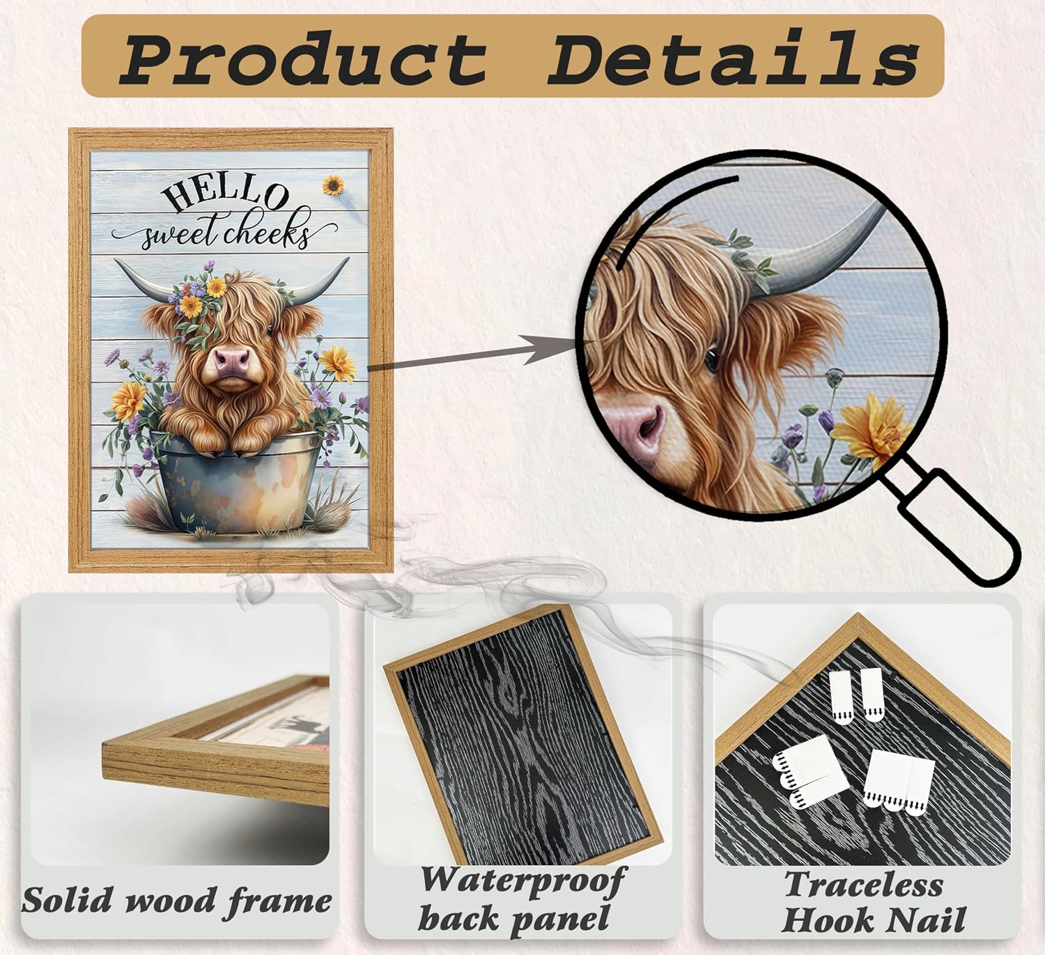 Framed Funny Highland Cow Bathroom Canvas Wall Art Farmhouse Cute Cow Painting Picture Wall Decor Rustic Colour Flowers Animal Poster Print Artwork for Bathroom Restroom Home Decoration image 2