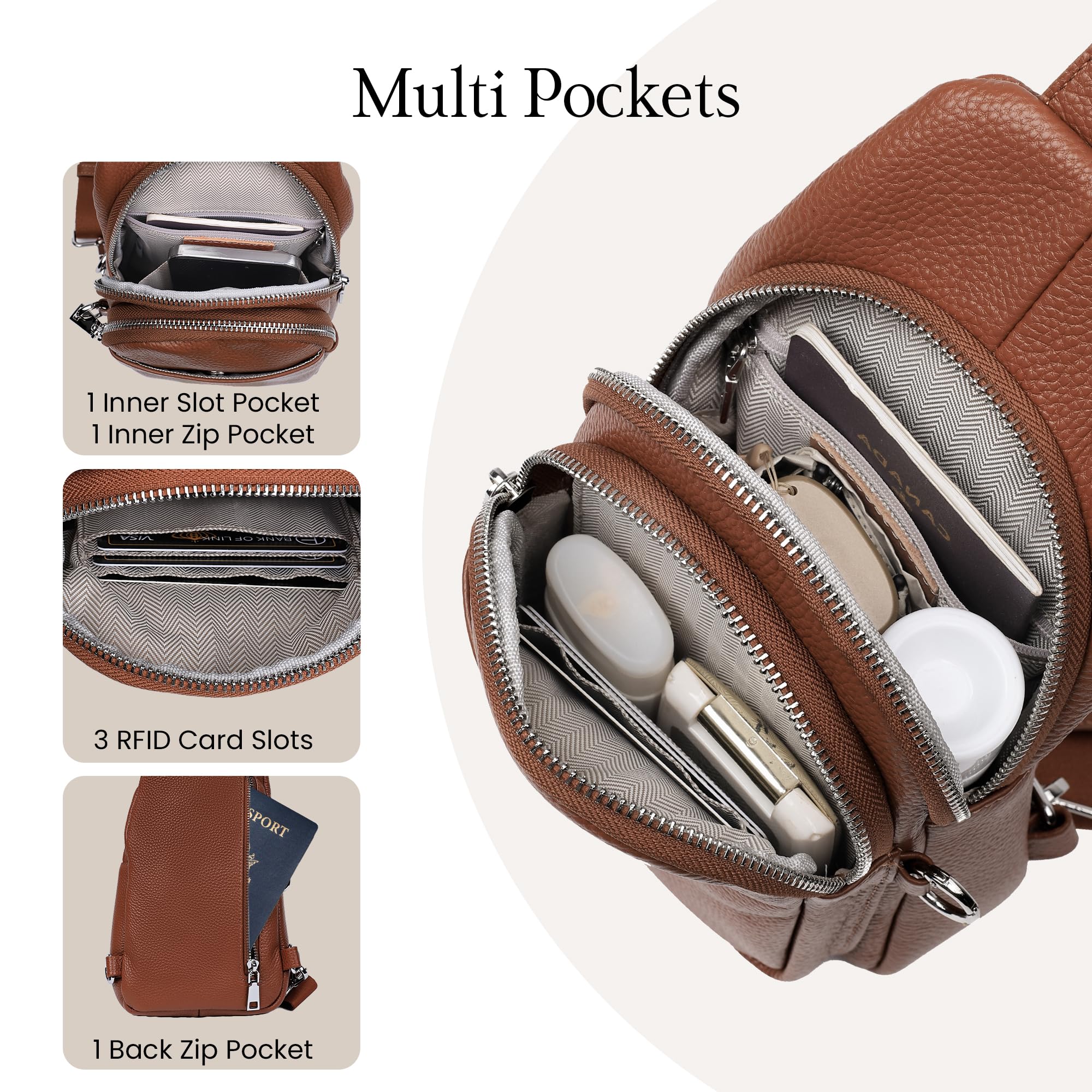 befen Bolso Riñonera Mujer Cuero Genuino, Mujer Bolsa de Pecho Mochila Antirrobo Sling Bolso Elegante Mochila Pecho Pequeña para Viaje Senderismo