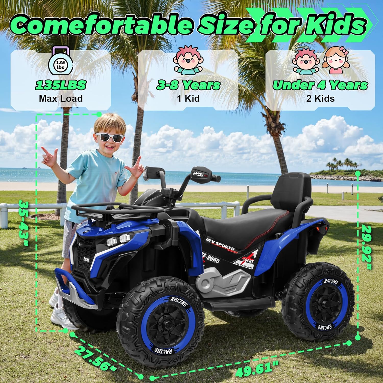 24V Ride on Car, Kids ATV XL Four Wheeler w/EVA Tires, 19-Inch Leather 2 Seater, 800W Motors, Remote Control, Knee Pads, Flower, 24 Volt Ride on Toys Quad for Big Kids, Blue