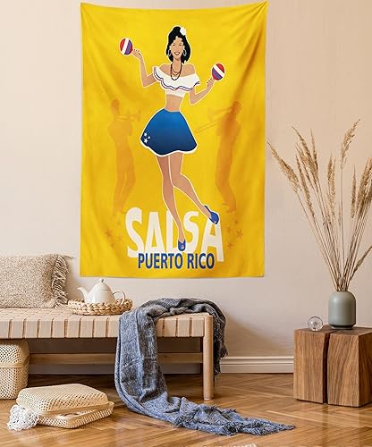 Lunarable Tapiz de Puerto Rico, chica bailarina de salsa con silueta de trombonista y trompetista de Maracas en el fondo, colgante de pared para