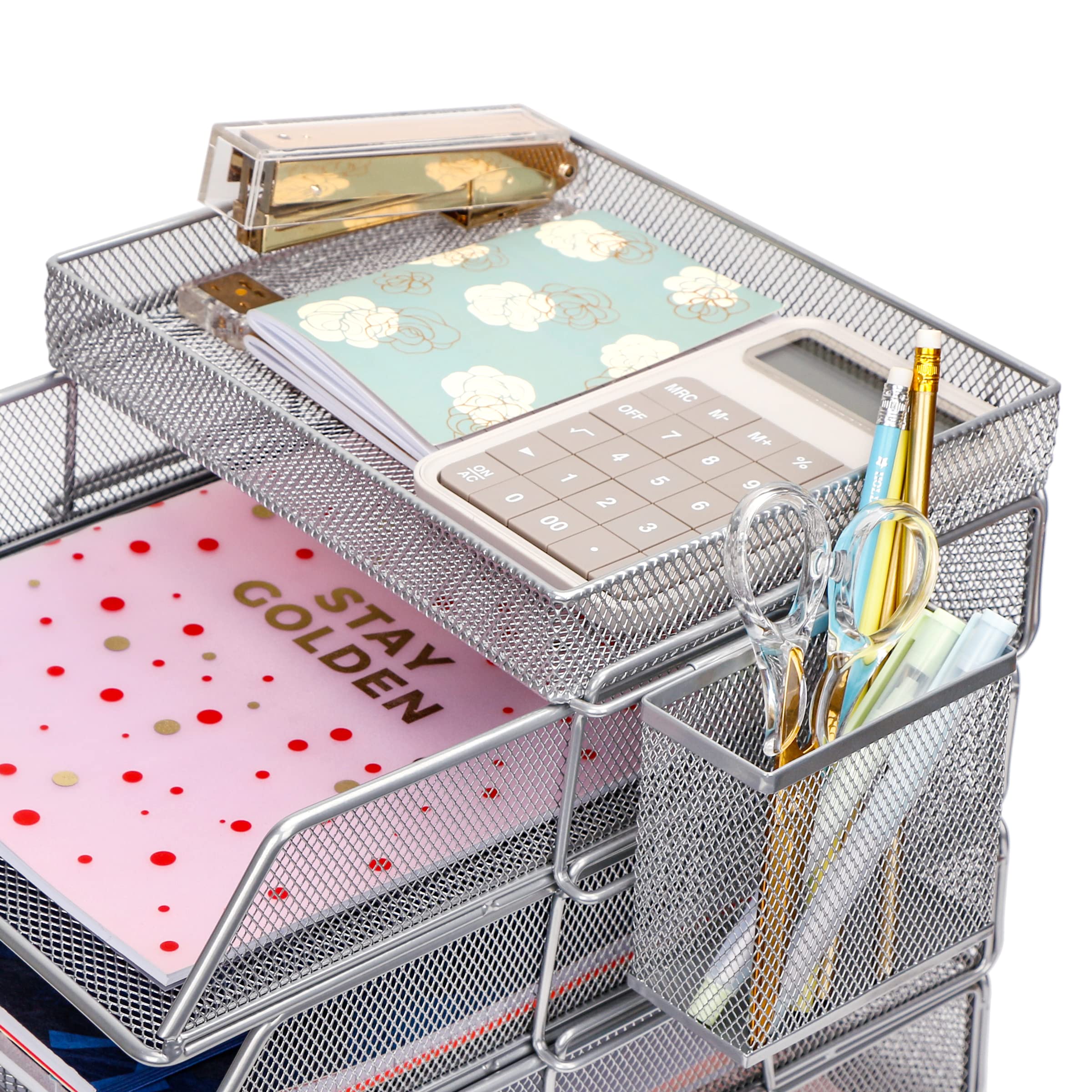 Organizer Da Scrivania EXERZ 6 Pezzi - Rete Metallica, Per Documenti A4, Con Cestino Laterale - Foto 7