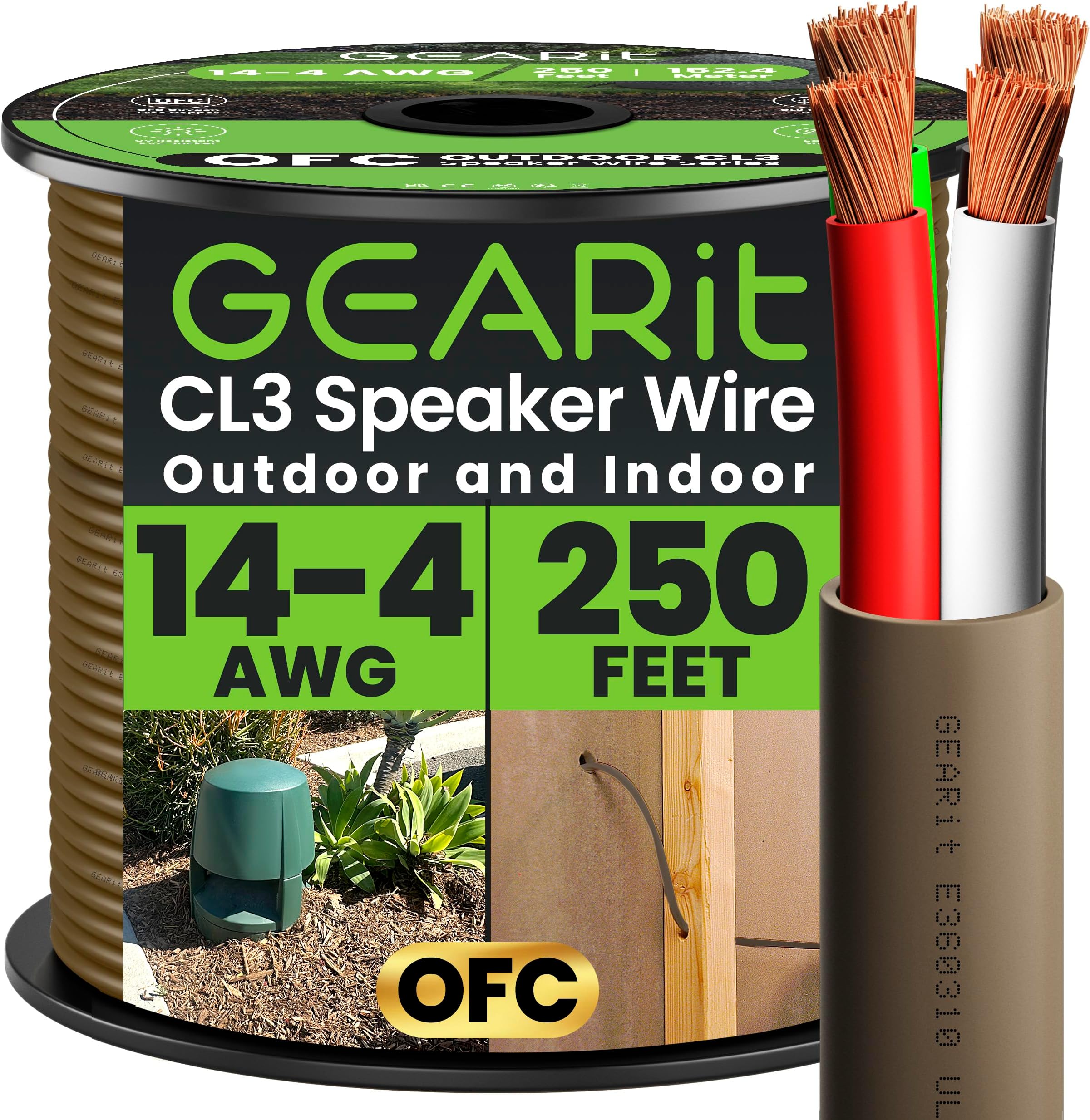 GEARit Outdoor Speaker Wire CL3 Rated, 14 Gauge Speaker Wire, Speaker Cable 250 ft for Outdoor Speakers, Patio, Garden, Backyard Audio, Direct Burial in Ground/in Wall, OFC (Brown, 4-Conductors)