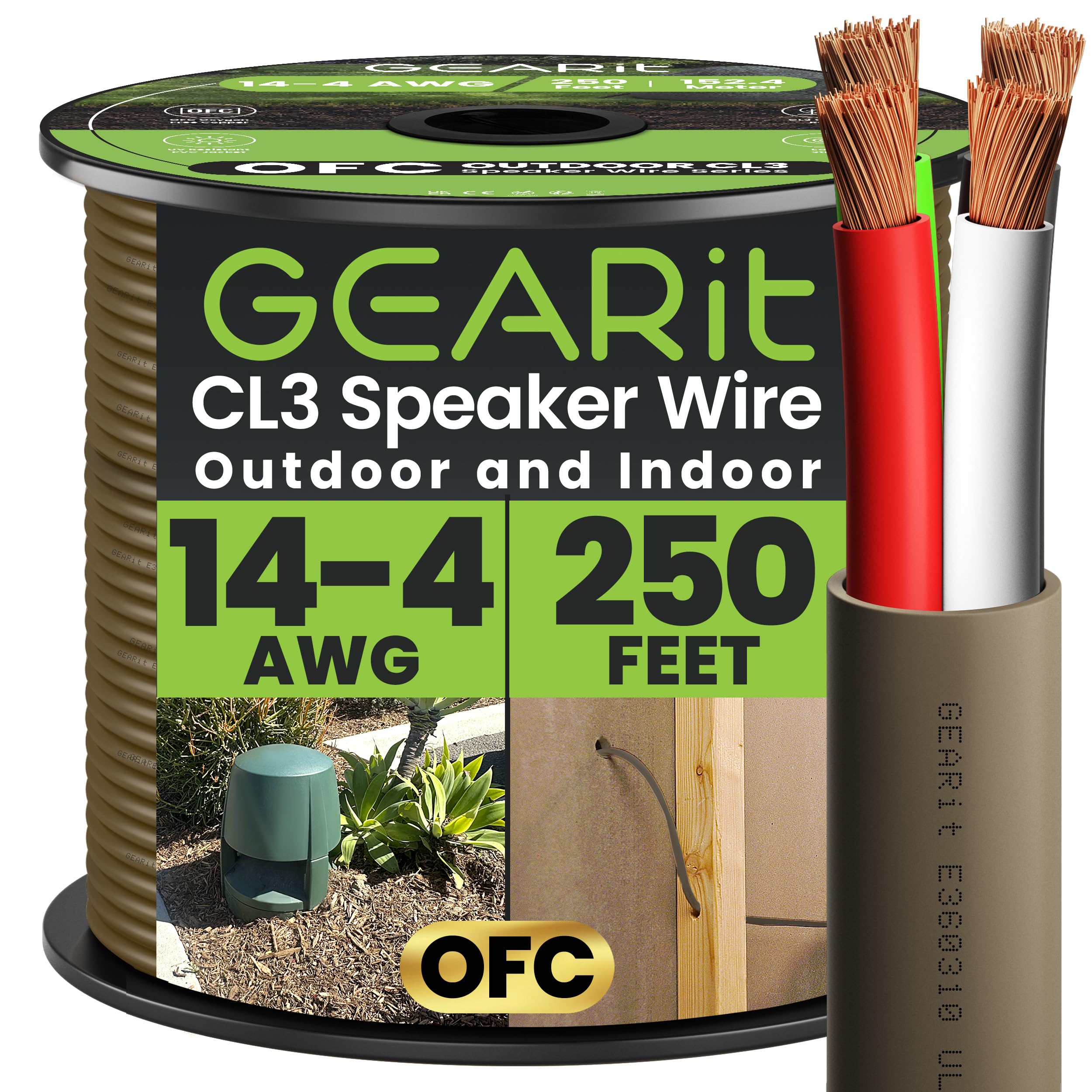 GEARit Outdoor Speaker Wire CL3 Rated, 14 Gauge Speaker Wire, Speaker Cable 250 ft for Outdoor Speakers, Patio, Garden, Backyard Audio, Direct Burial in Ground/in Wall, OFC (Brown, 4-Conductors)