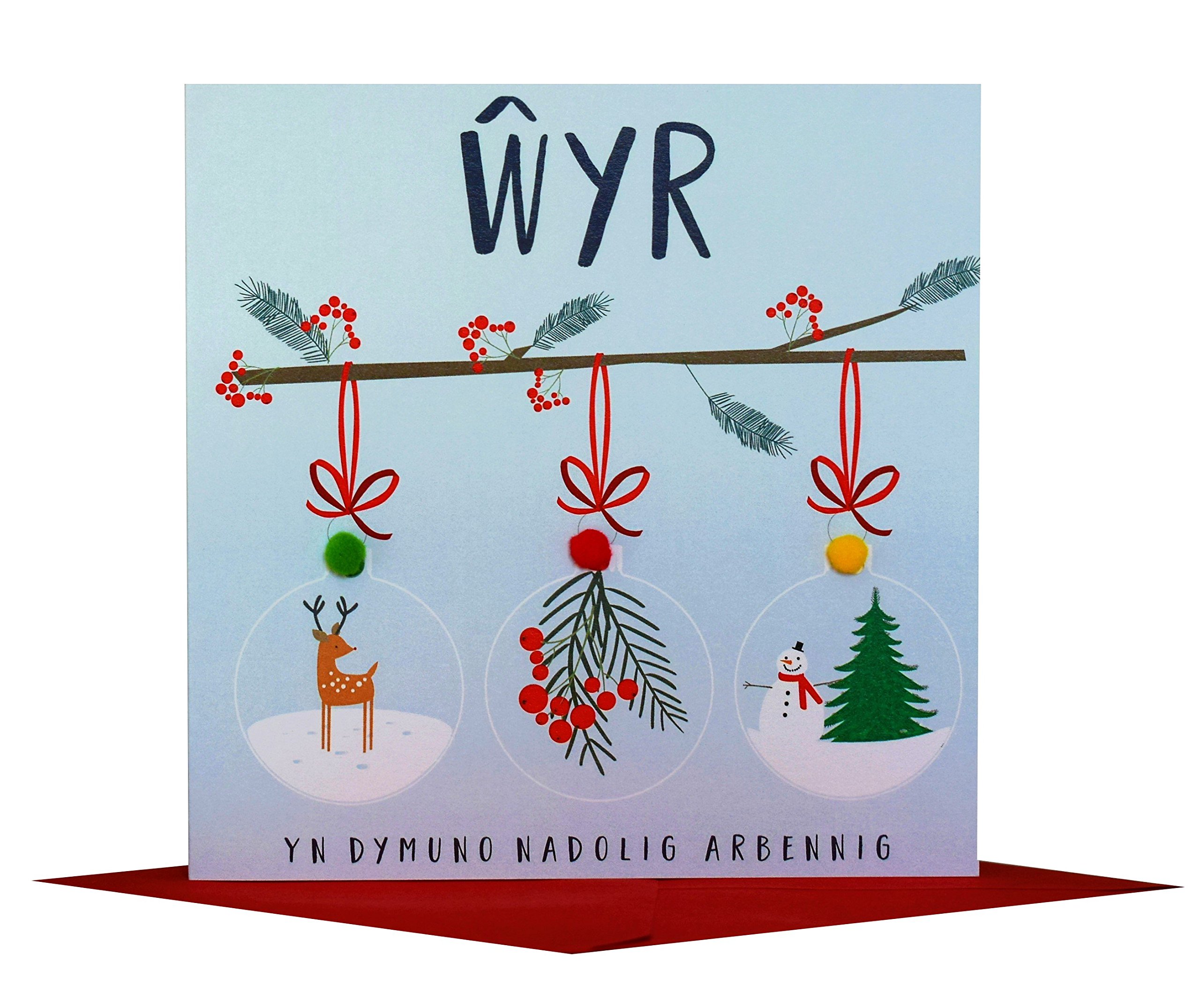 Claire Giles Greeting Cards, Welsh Happy Christmas Grandson Card, Nadolig Llawen Wyr, Baubles design xmas Greeting Card, Embellished with Colourful Pompoms