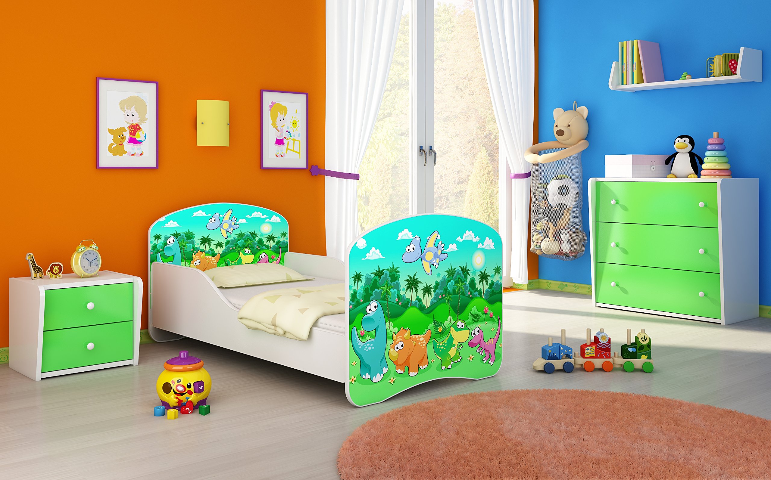 Clamaro "Traumland" motyw łóżko dziecięce 70 x 140 cm z materacem i stelażem, listwami ochronnymi i ochroną przed wypadnięciem, motyw: 30 - motyw dinozaura