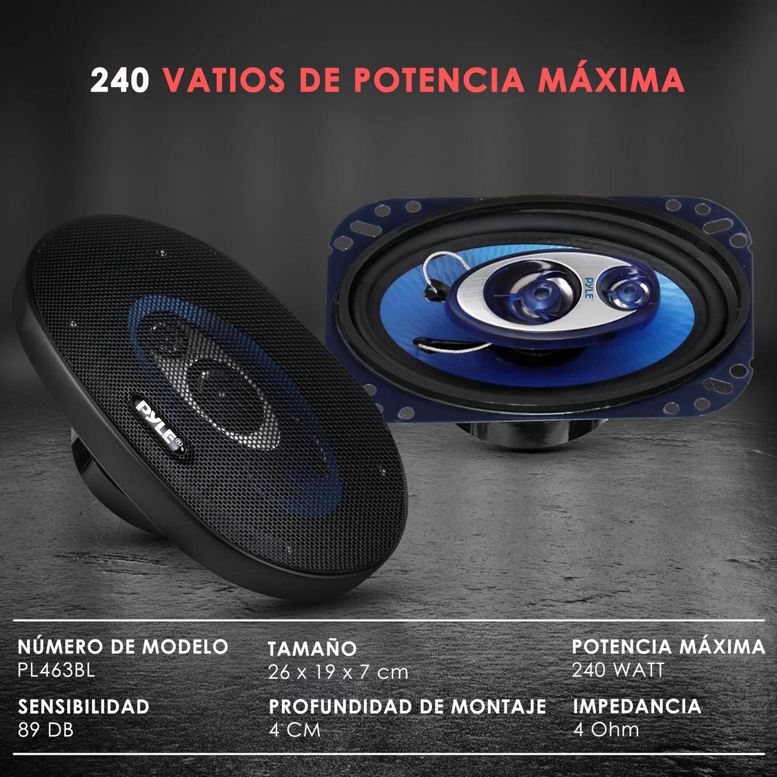 Pyle Par de altavoces para auto de 4” x 6”, Coche, Sistema de altavoces de sonido de 3 vias, 240W por par, Impedancia de 4Ohm y ¾"