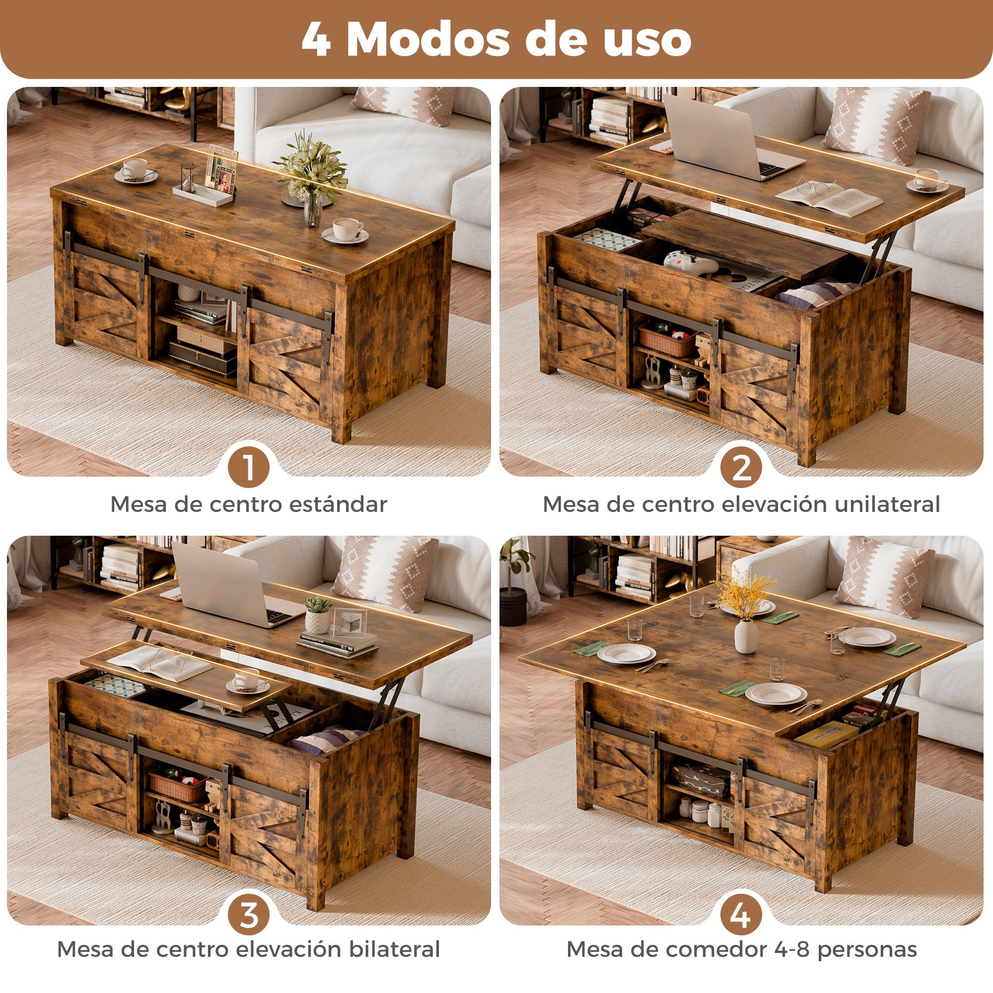 ELUCHANG Mesa de Centro Elevable y Extensible 4 en 1 para Salón, Comedor y Oficina, Mesa de Cafe con Amplio Espacio de Almacenamiento, Madera en Marrón Rústico