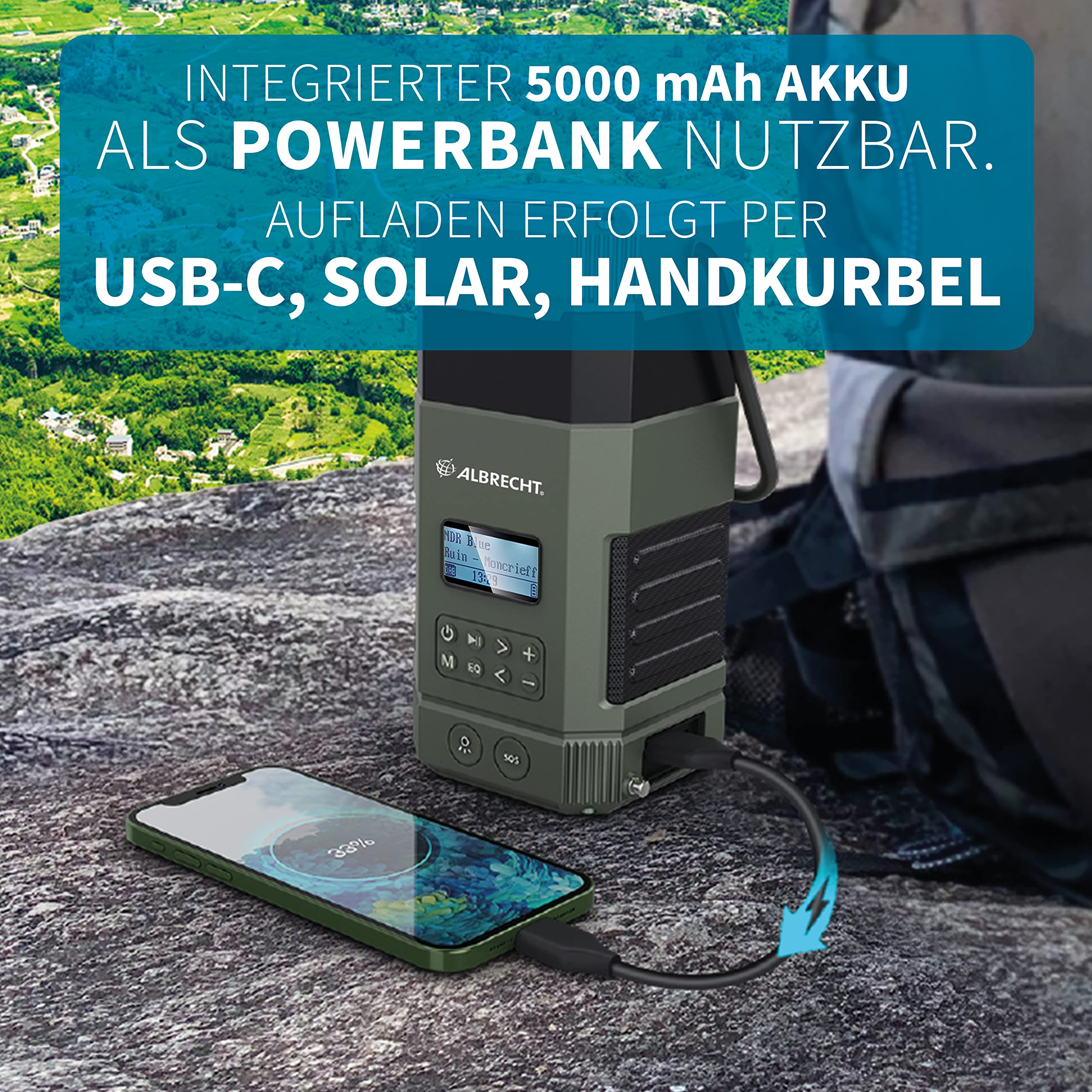 Albrecht DR 114, tragbares DAB+/UKW Outdoor Kurbelradio, 27912, SOS-Notruf, Campinglampe, Taschenlampe, Solarmodul, PowerBank, IPX5 Wasserschutz