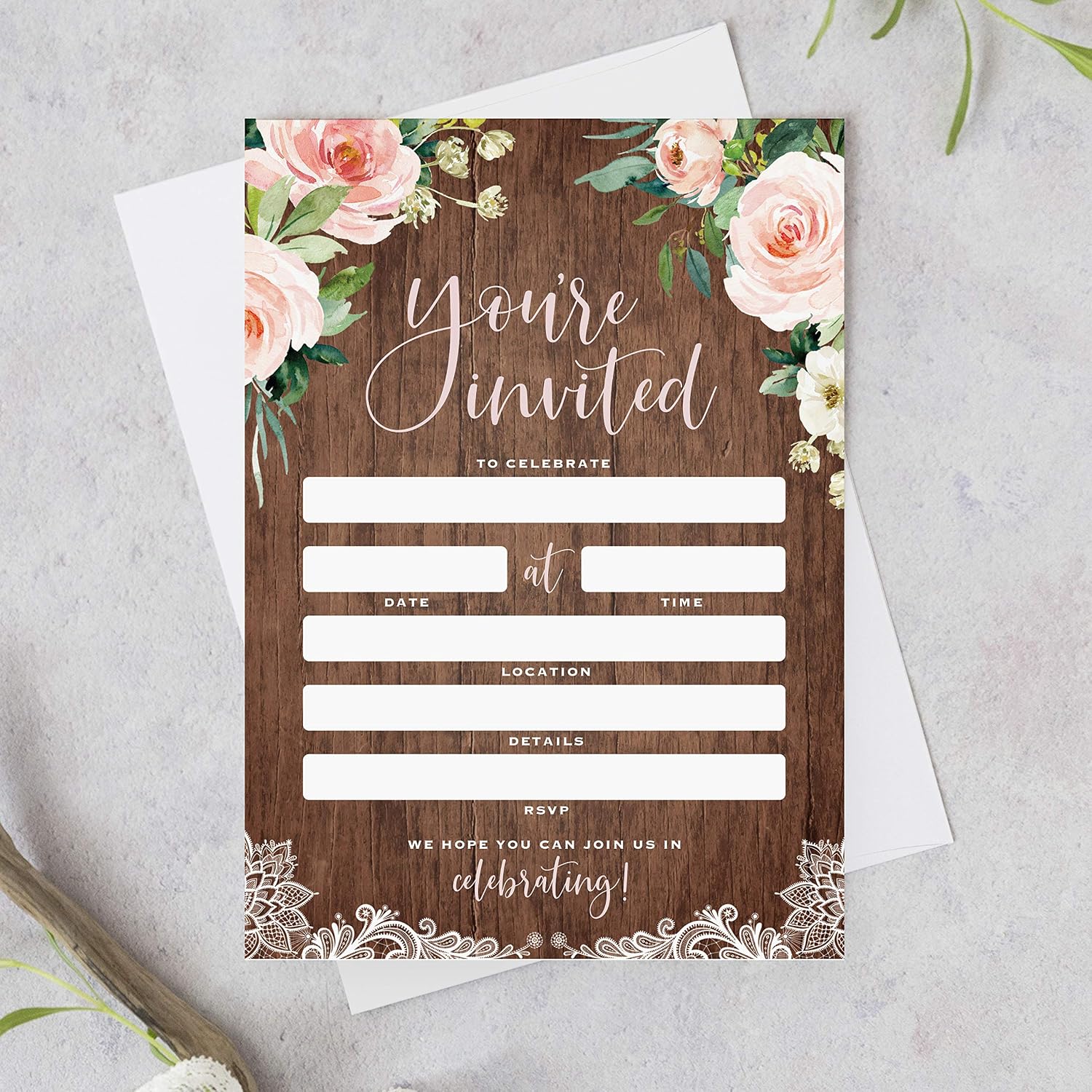 Bliss Collections All Occasion Invitations with Envelopes, Rustic, Cards for Your Wedding, Reception, Bridal or Baby Shower, Engagement and Birthday Party, 5"x7" (25 Invitations and Envelopes)