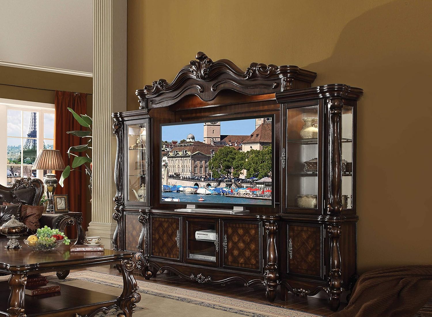 HomeRoots Decor 21-inch X 118-inch X 95-inch Cherry Oak Wood Poly Resin Glass Entertainment Center