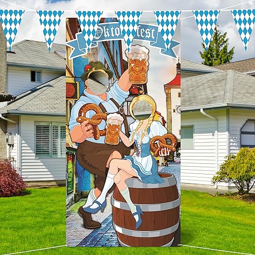 Miniatura 4 de Iceyyyy Juego de accesorios para fotos de Oktoberfest  Fondo de 6 x 3.3 pies para puerta y banderín de bandera bávara de 22 pies para decoraciones